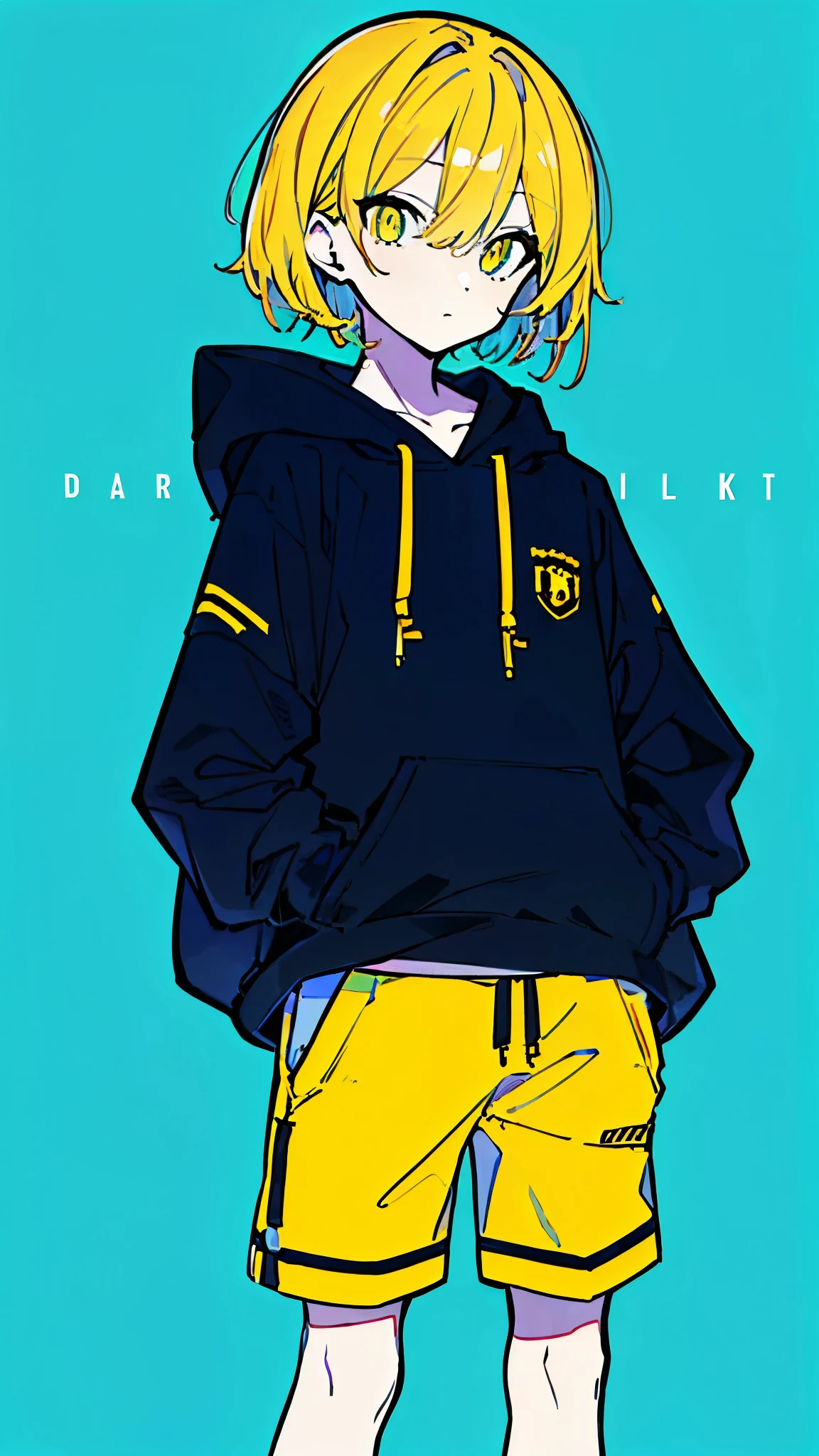 (masterpiece, highest quality:1.6), alone, thick outline, (simple background, Dark yellow background, monochrome, dark yellow theme:1.2), official art, Key Visual, 8K, disorganized, whole body, (Unique hair, Oversized Hoodies, hot pants, arch back, short torso:1.2), belly button, thighs, cowboy shot, HDR, sharp focus, High resolution, most detailed, very detailed, Super detailed, finely, detailed eyes and face, sharp pupils, realistic student, solo, contrast between yellow and light blue, solo, hands in pockets