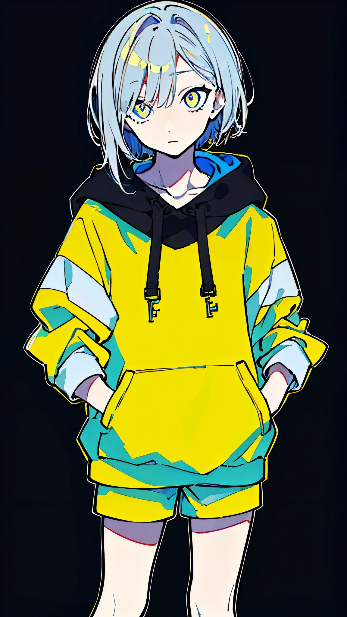(masterpiece, highest quality:1.6), alone, thick outline, (simple background, Dark yellow background, monochrome, dark yellow theme:1.2), official art, Key Visual, 8K, disorganized, whole body, (Unique hair, Oversized Hoodies, hot pants, arch back, short torso:1.2), belly button, thighs, cowboy shot, HDR, sharp focus, High resolution, most detailed, very detailed, Super detailed, finely, detailed eyes and face, sharp pupils, realistic student, solo, contrast between yellow and light blue, solo, hands in pockets