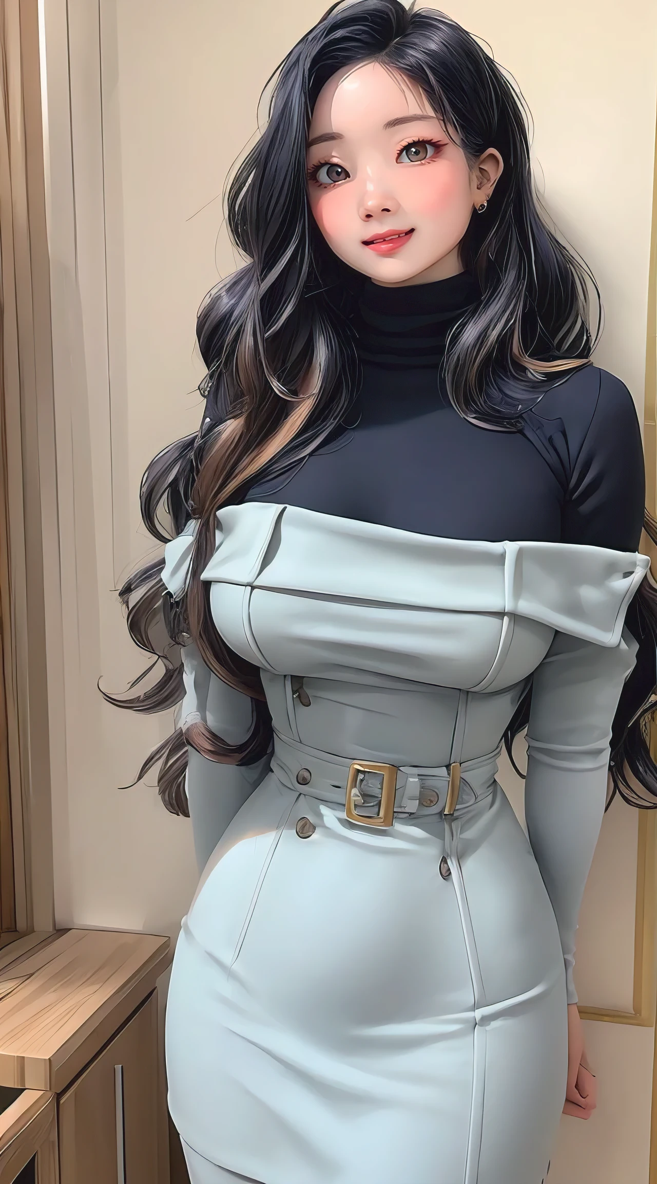 (best quality, masterpiece, ultra-detailed, photorealistic:1.3), wavy hair, wide hips, designer turtleneck minidress, city park