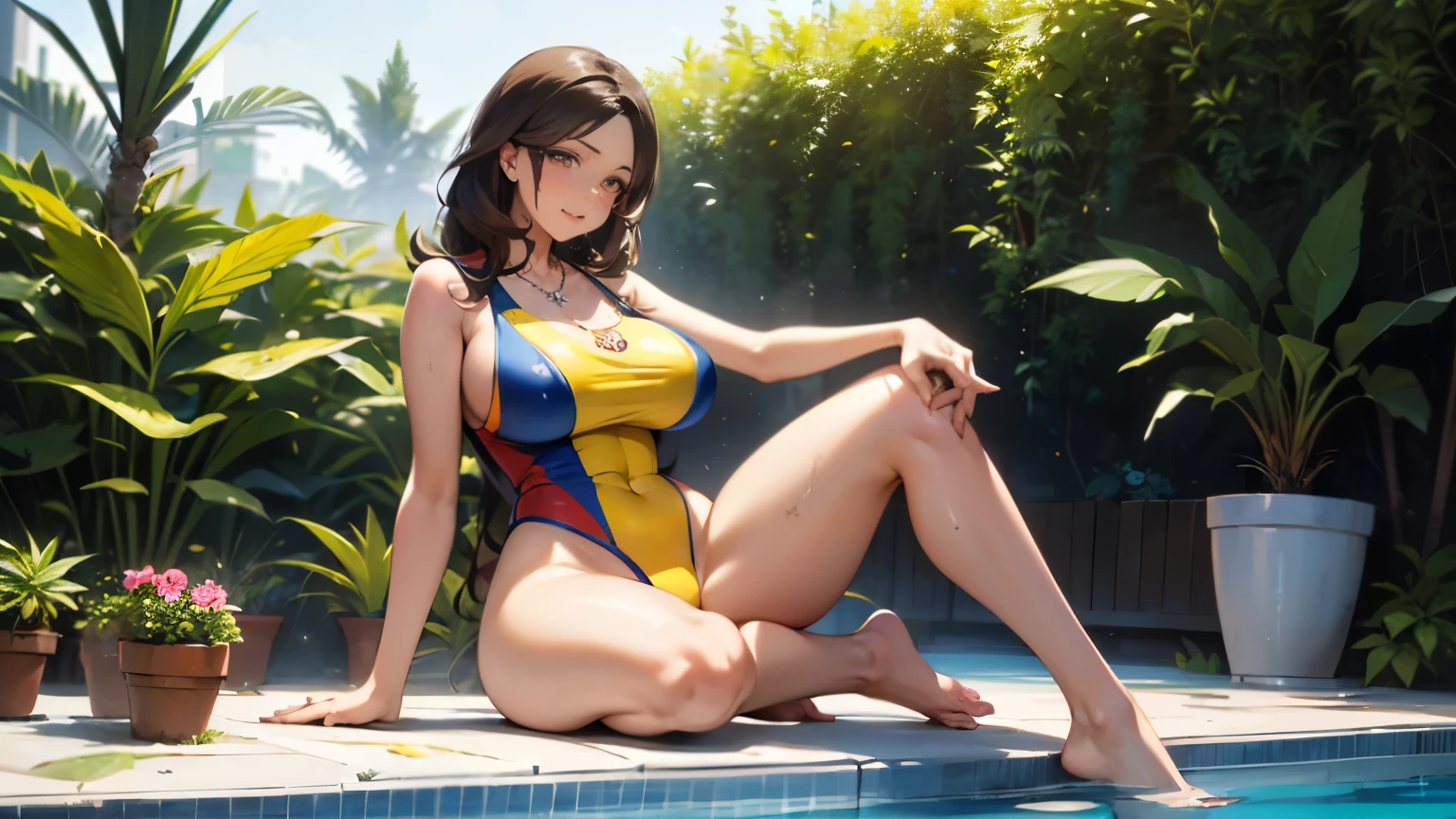 ((aroused ((dark tanned ((Venezuelan)) MILF)) sitting poolside while profusely touching and pleasuring herself, (wearing detailed yellow sheer swimsuit), (wearing antique lace necklace), (bright cute flower tattoos on arms and legs), (hand touching vulva with legs spread apart), high quality photo, sitting aroused in ecstacy poolside (with many tall potted cannabis sativa plants surrounding pool) during foggy sunrise, Venezuelan flag hanging in background