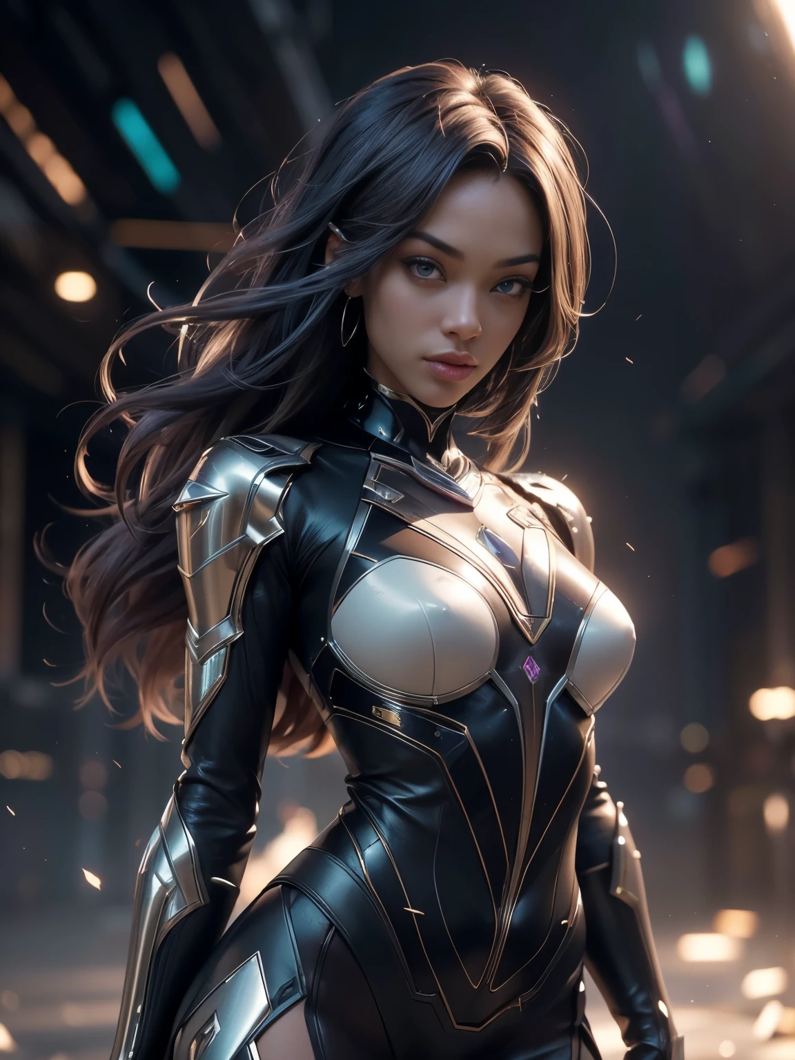 Cinematic, clear facial features and insanely detailed, it captures the essence of the african-american woman (looks similar to Tyra Banks) with breathtaking beauty. The color grading is beautifully done, enhancing the overall cinematic feel. Unreal Engine brings her to life, her appearance even more mesmerizing. With the use of depth of field (DOF), every detail is focused and accentuated, drawing attention to her eyes and hair. The image resolution is at its peak, utilizing super-resolution technology to ensure every pixel is perfect. Cinematic lighting enhances her aura, while anti-aliasing techniques like FXAA and TXAA keep the edges smooth and clean. Adding realism to the robot-like body suit, RTX technology enables ray tracing, it look as if it's actually there. Additionally, SSAO (Screen Space Ambient Occlusion) gives depth and realism to the scene, the girl's presence even more convincing. In the post-processing and post-production stages, tone mapping enhances the colors, creating a captivating visual experience. The integration of CGI (Computer-Generated Imagery) and VFX (Visual Effectrings out her robotic features in a seamless manner. SFX (Sound Effects) complement the visual artistry, immersing the viewer further into this fantastic world. The level of detail is awe-inspiring, with intricate elements meticulously crafted, the artwork hyper maximalist and hyper-realistic. Volumetric effects add depth and dimension, and the photorealism is unparalleled. The image is rendered in 8K resolution, ensuring super-detailed visuals. The volumetric lightning adds a touch of magic, highlighting her beauty and aura in an otherworldly way. High Dynamic Range (HDR) technology makes the colors pop, adding richness to the overall composition. Ultimately, this artwork presents an unreal, yet stunningly real portrayal of an incredibly beautiful girl. The sharp focus ensures that every feature is crisply defined, leaving the audience captivated by her presence. --v testp