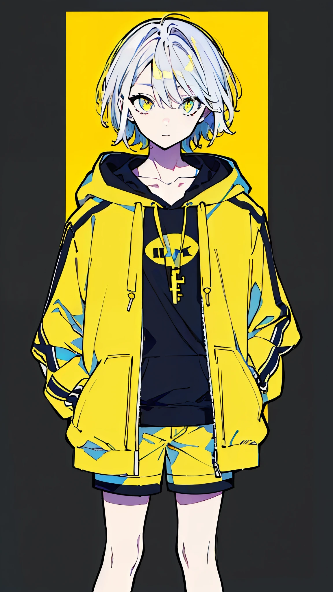 (masterpiece, highest quality:1.6), alone, thick outline, (simple background, Dark yellow background, monochrome, dark yellow theme:1.2), official art, Key Visual, 8K, disorganized, whole body, (Unique hair, Oversized Hoodies, hot pants, arch back, short torso:1.2), belly button, thighs, cowboy shot, HDR, sharp focus, High resolution, most detailed, very detailed, Super detailed, finely, detailed eyes and face, sharp pupils, realistic student, solo, contrast between yellow and light blue, solo, hands in pockets