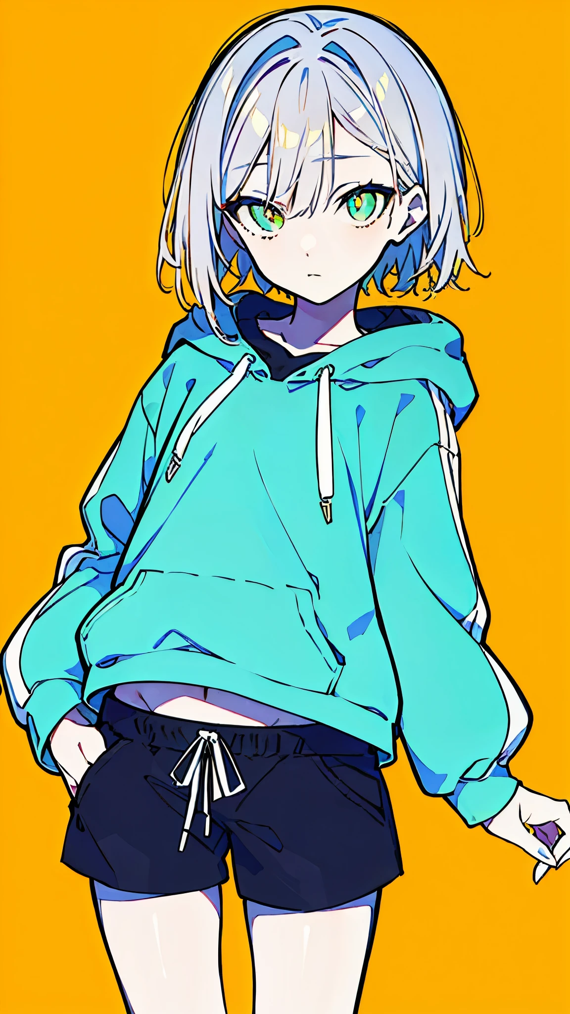 (masterpiece, highest quality:1.6), alone, thick outline, (simple background, Dark yellow background, monochrome, dark yellow theme:1.2), official art, Key Visual, 8K, confused, whole body, (Unique hair, oversized hoodie, hood, hot pants, arch back, short torso:1.2), belly button, thighs, cowboy shot, HDR, sharp focus, High resolution, most detailed, very detailed, Super detailed, finely, detailed eyes and face, sharp pupils, realistic student, alone, contrast between yellow and light blue