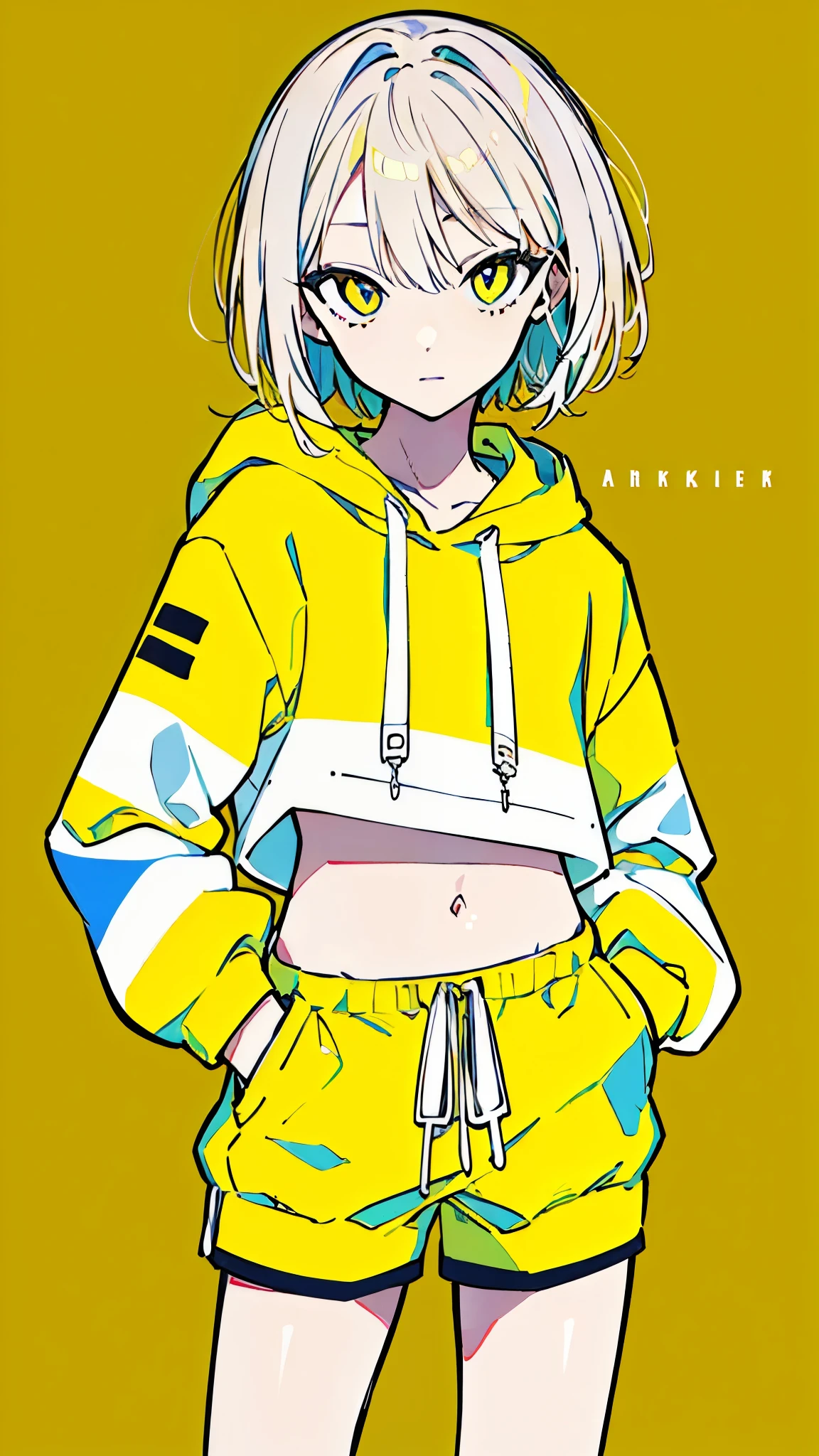 (masterpiece, highest quality:1.6), alone, thick outline, (simple background, Dark yellow background, monochrome, dark yellow theme:1.2), official art, Key Visual, 8K, confused, whole body, (Unique hair, oversized hoodie, hot pants, arch back, short torso:1.2), belly button, thighs, cowboy shot, HDR, sharp focus, High resolution, most detailed, very detailed, Super detailed, finely, detailed eyes and face, sharp pupils, realistic student, alone, contrast between yellow and light blue, alone, put one's hand in one's pocket