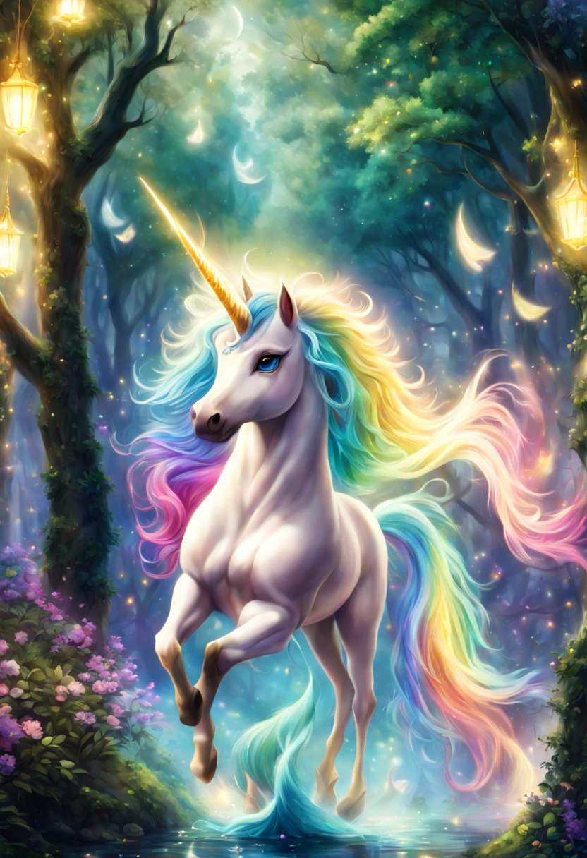 (best quality, 4k, 8k, highres:1.2), ultra-detailed, (realistic, photorealistic:1.37), portraits, unicorn, fantasy, enchanted, wonderland, sparkling, magical, wings, golden, mythical, ethereal, glowing mane, rainbow, galloping, prancing, lush forest, illuminated, tree branches dancing, mystical, night sky with stars, moonlit, ethereal mist, whimsical flowers, vivid colors, soft pastels, enchanted creatures, gentle nature, beautiful fantasy unicorn, magical creature, glowing horn, ethereal mane, shimmering scales, majestic presence, enchanting eyes, graceful movement, whimsical background, dreamlike landscape, vibrant colors, soft lighting, surreal atmosphere, mythical charm, mystical forest, sparkling stars, ethereal atmosphere, otherworldly beauty, magical aura, enchanting adventure, magnificent creature, fantastical realm, dreamy ambiance, captivating fantasy, fairytale-inspired, mystical journey, magical realm, tranquil setting.