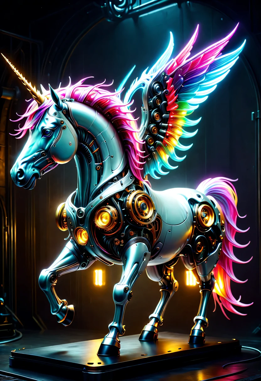 (Mechanical unicorns:1.5),mythical creatures , (Mythical Machinery), (Mechanobiology),ethereal,bioluminescence,divinelight,fluorescence,charming,mystery,bright colors,detailed details,lifelike,超级lifelike,Epic technological fantasy,Epic surrealism,Epic futuristic fantasy,bright colors