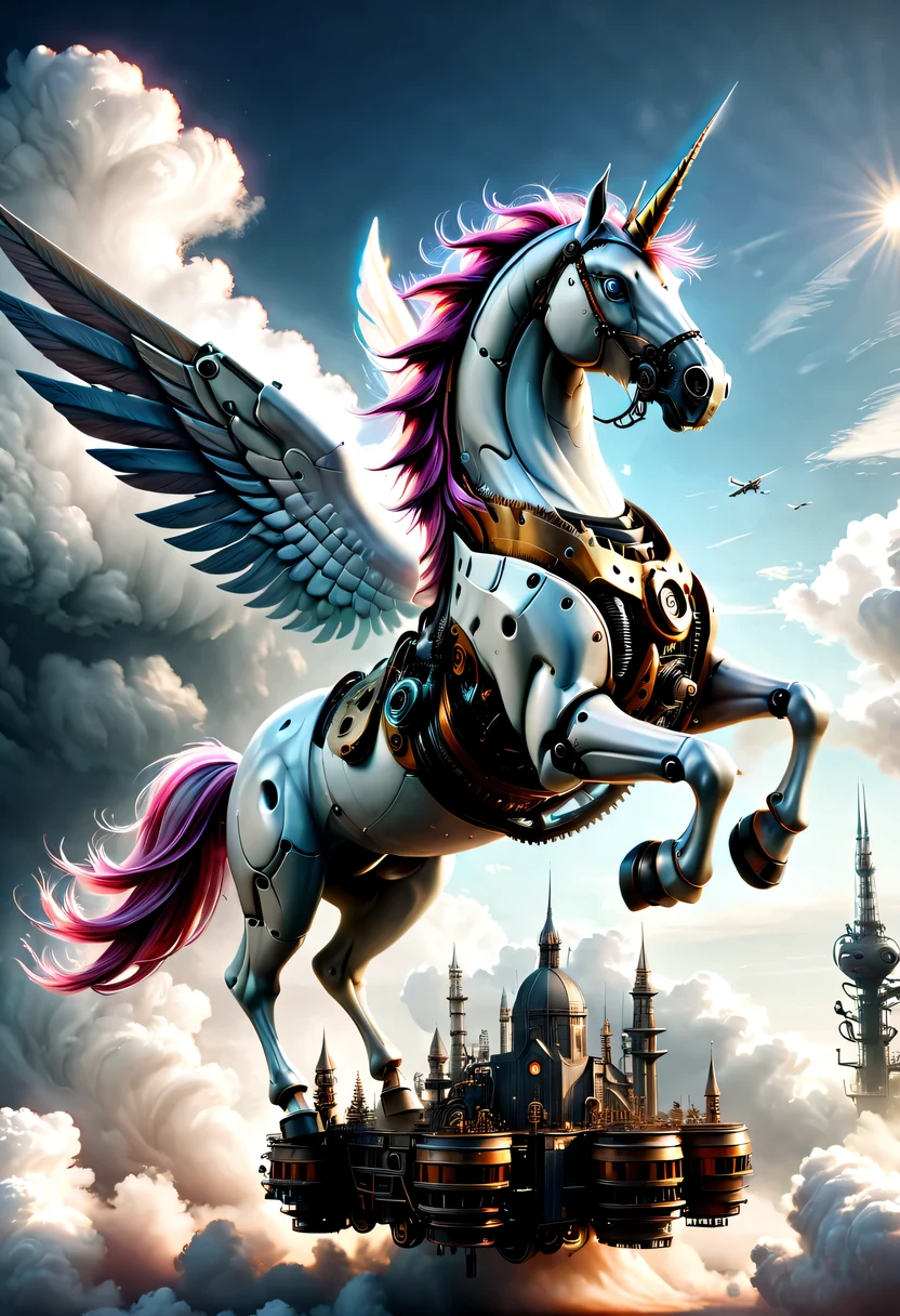 (Mechanical unicorns:1.5),fei,cloud，mythical creatures , (Mythical Machinery), (Mechanobiology),cloud