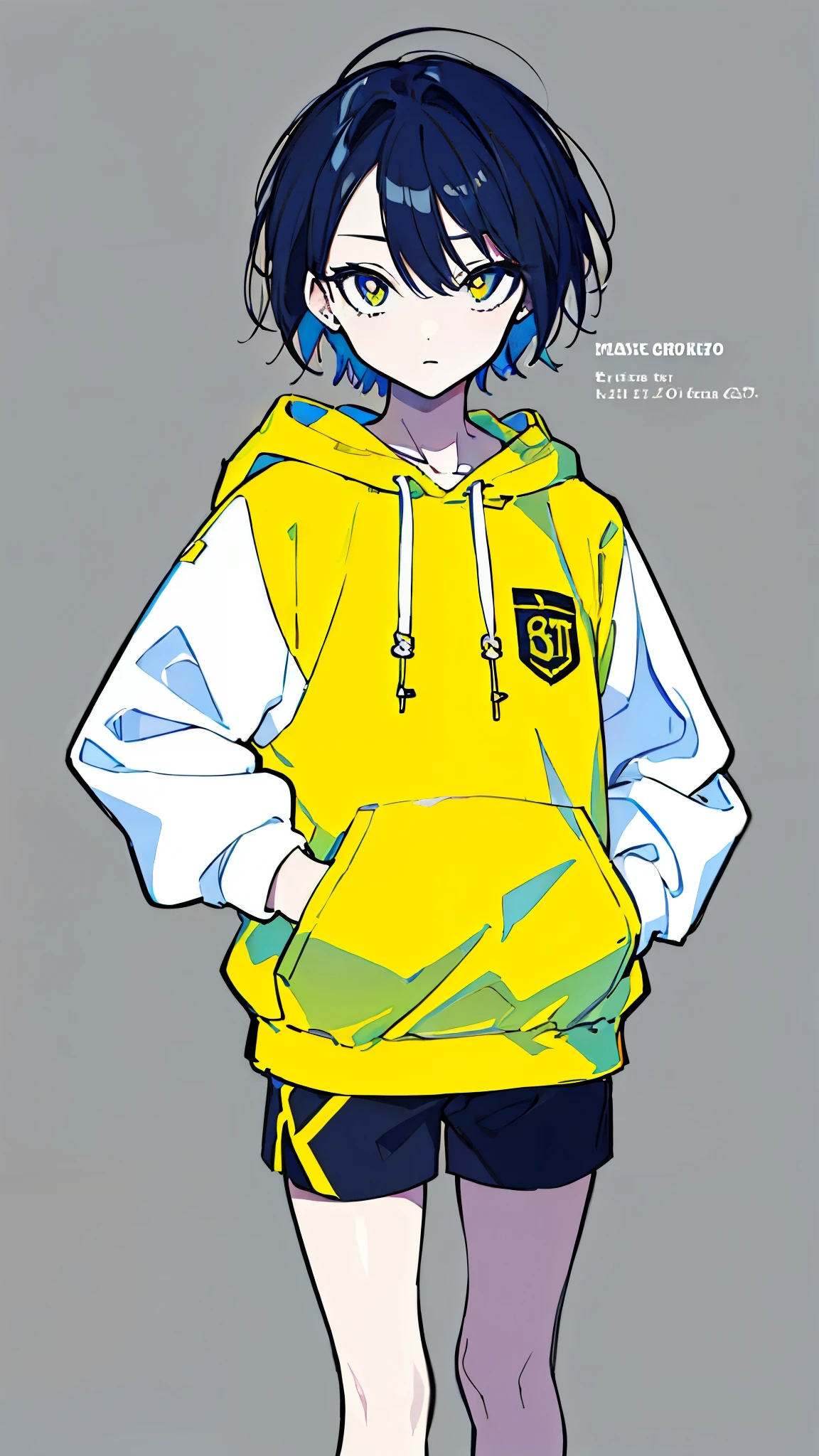 (masterpiece, highest quality:1.6), alone, thick outline, (simple background, Dark yellow background, monochrome, dark yellow theme:1.2), official art, Key Visual, 8K, confused, whole body, (Unique hair, oversized hoodie, hot pants, arch back, short torso:1.2), belly button, thighs, cowboy shot, HDR, sharp focus, High resolution, most detailed, very detailed, Super detailed, finely, detailed eyes and face, sharp pupils, realistic student, alone, contrast between yellow and light blue, alone, put one&#39;s hand in one&#39;s pocket