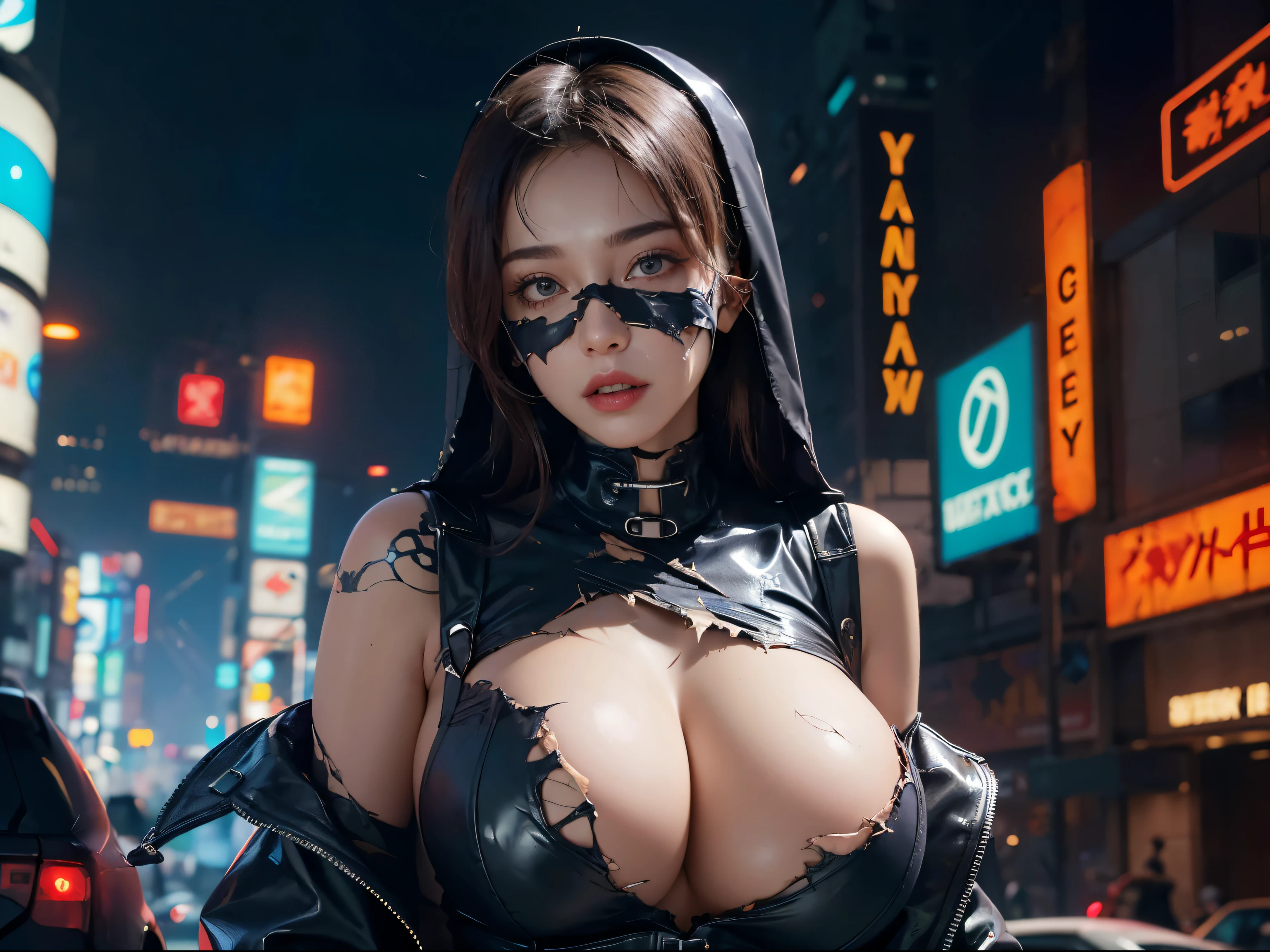 ((best quality)), ((masterpiece)), (detailed), (((perfect face))), beautyful face, one hot curvy asian girl, matrix movie outfit, stocking, (((there is a cyberpunk city in the background))), sexy, erotic, ((big )), ((black purple latex cyber nun dress)), ((her clothes are very torn in several places)), (((detailed face))), ((black corset)), (((detailed eyes))), perfect body, good anatomy, (((big tits))), ((black futuristic mask)), (((((her clothes are very torn in several places)))))