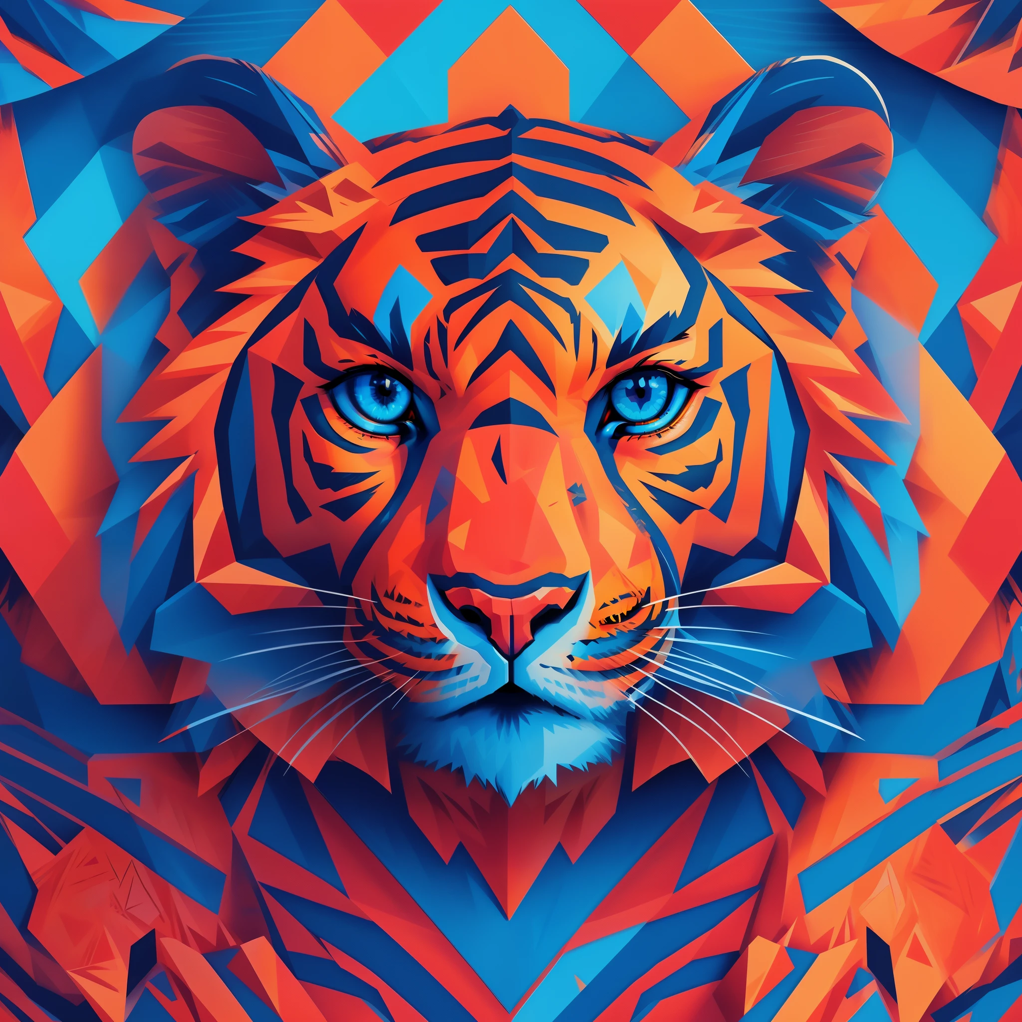 3d tiger with a geometric design, ((3d art)), tiger head, tiger, ((tiger)), tiger face, intricate 3d illustration, cosmic tiger, tiger_beast, detailed digital 3d art, anthropomorphic tiger, high detailed illustration, low poly vector illustration, highly detailed vector art, striking detailed artstyle, sacred tiger, (vibrant colors), ((red, orange and blue colors)), (origami),