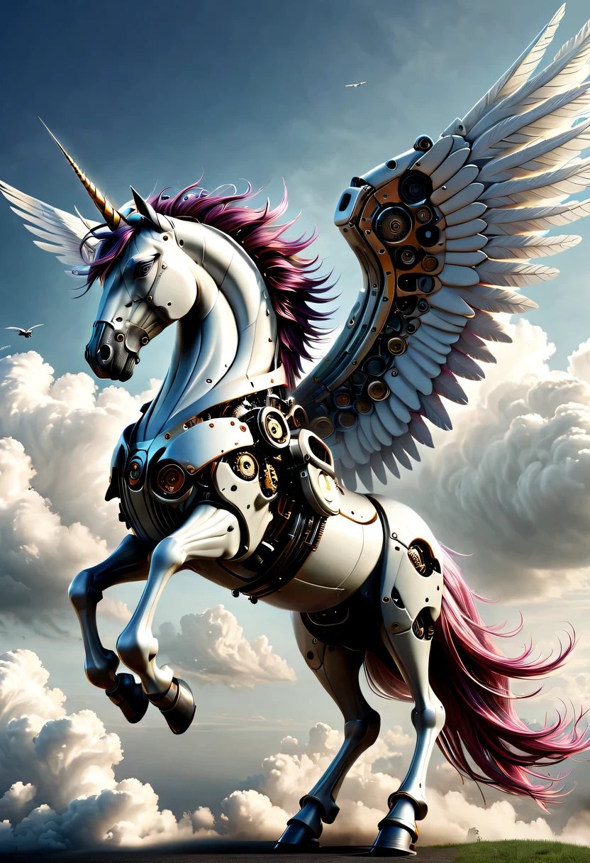 (Mechanical unicorns:1.5),(Yu Ji), (angel hope)，Spread your wings and fly,cloud,Correct wing proportions，mythical creatures , (Mythical Machinery), (Mechanobiology),cloud