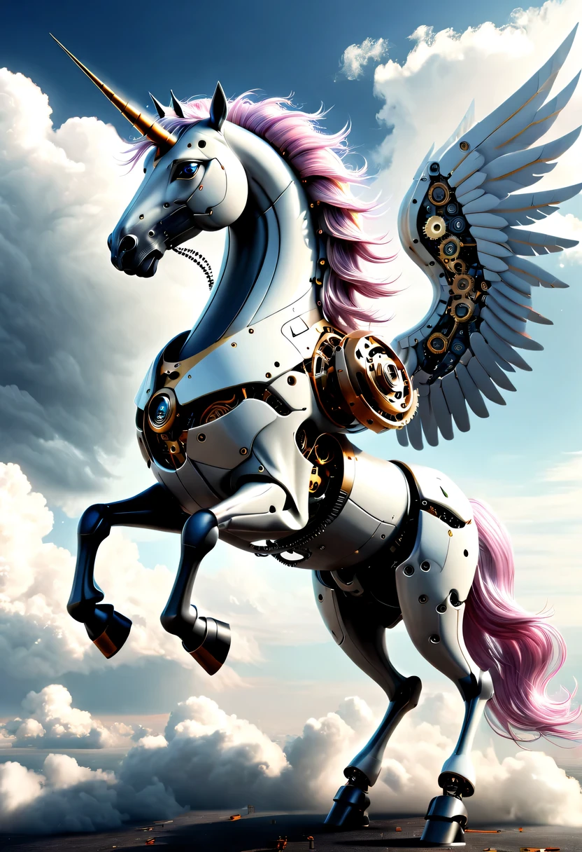 (Mechanical unicorns:1.5),(Yu Ji), (angel hope),Spread your wings and fly,cloud,Correct wing proportions,mythical creatures , (Mythical Machinery), (Mechanobiology),cloud