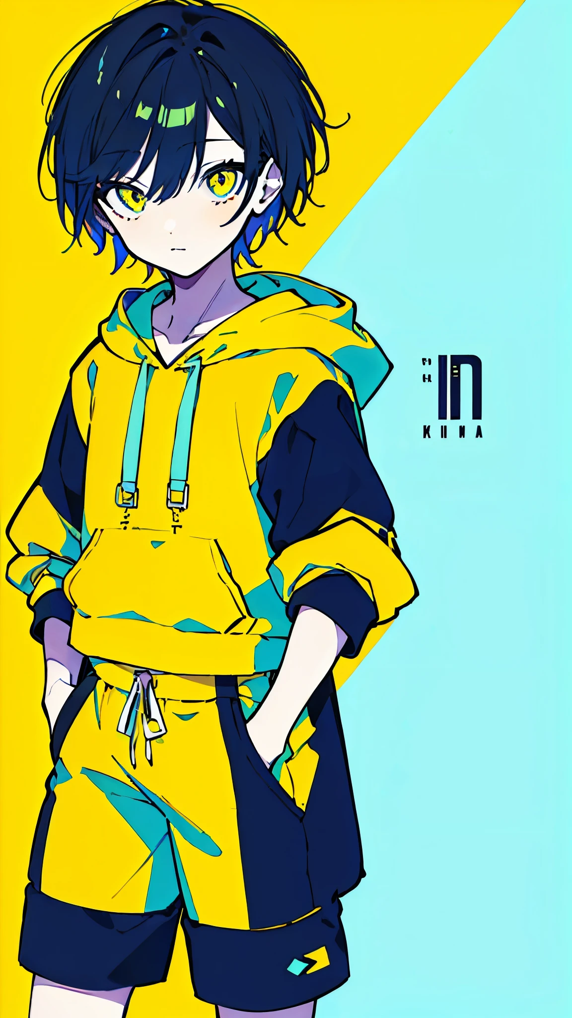 (masterpiece, highest quality:1.6), alone, thick outline, (simple background, Dark yellow background, monochrome, dark yellow theme:1.2), official art, Key Visual, 8K, confused, whole body, (Unique hair, oversized hoodie, hot pants, arch back, short torso:1.2), belly button, thighs, cowboy shot, HDR, sharp focus, High resolution, most detailed, very detailed, Super detailed, finely, detailed eyes and face, sharp pupils, realistic student, alone, contrast between yellow and light blue, alone, put one&#39;s hand in one&#39;s pocket