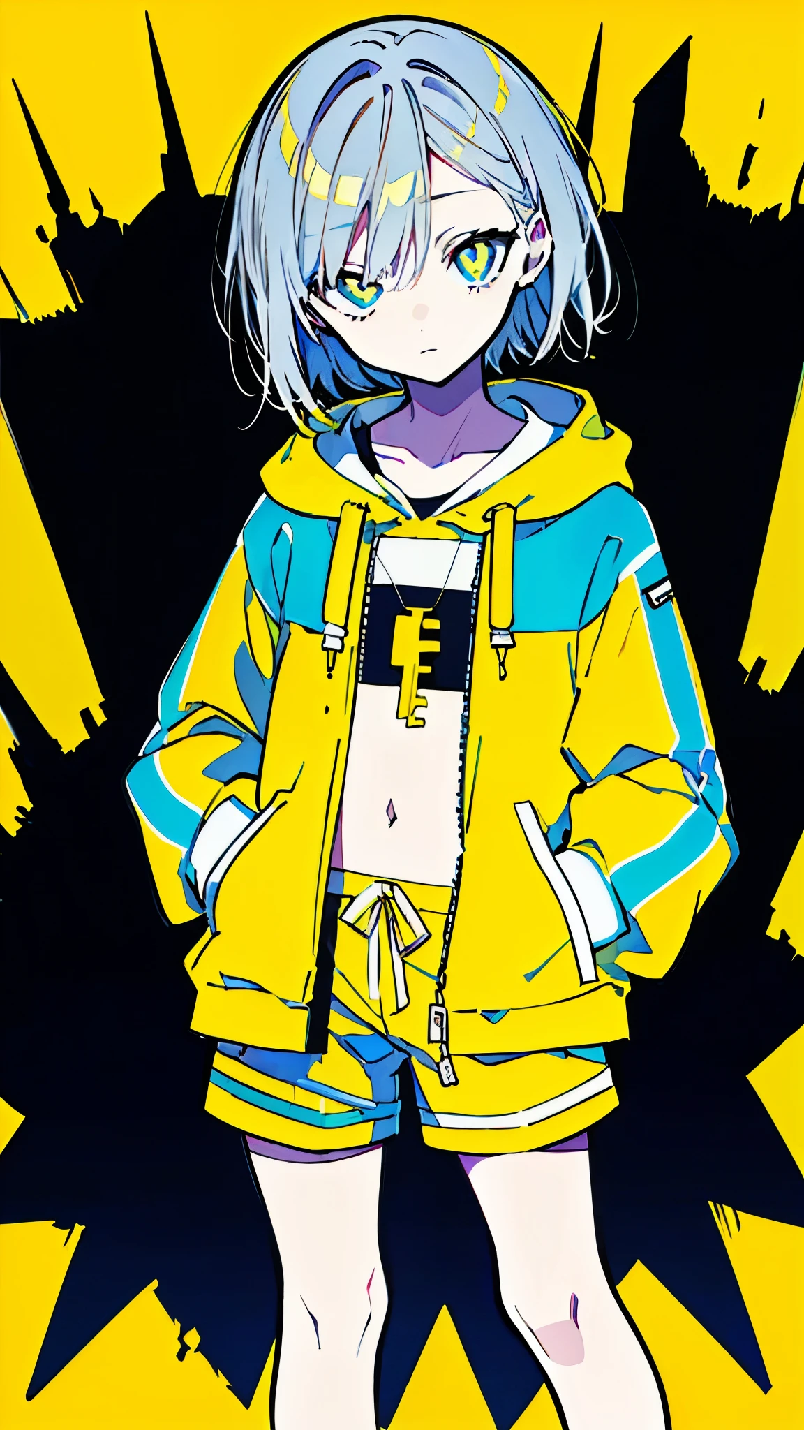 (masterpiece, highest quality:1.6), alone, thick outline, (simple background, Dark yellow background, monochrome, dark yellow theme:1.2), official art, Key Visual, 8K, disorganized, whole body, (Unique hair, Oversized Hoodies, hot pants, arch back, short torso:1.2), belly button, thighs, cowboy shot, HDR, sharp focus, High resolution, most detailed, very detailed, Super detailed, finely, detailed eyes and face, sharp pupils, realistic student, solo, contrast between yellow and light blue, solo, hands in pockets
