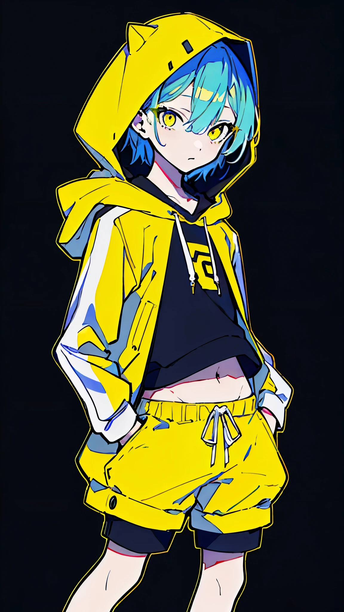 (masterpiece, highest quality:1.6), alone, thick outline, (simple background, Dark yellow background, monochrome, dark yellow theme:1.2), official art, Key Visual, 8K, disorganized, whole body, (Unique hair, Oversized Hoodies, hot pants, arch back, short torso:1.2), belly button, thighs, cowboy shot, HDR, sharp focus, High resolution, most detailed, very detailed, Super detailed, finely, detailed eyes and face, sharp pupils, realistic student, solo, contrast between yellow and light blue, solo, hands in pockets