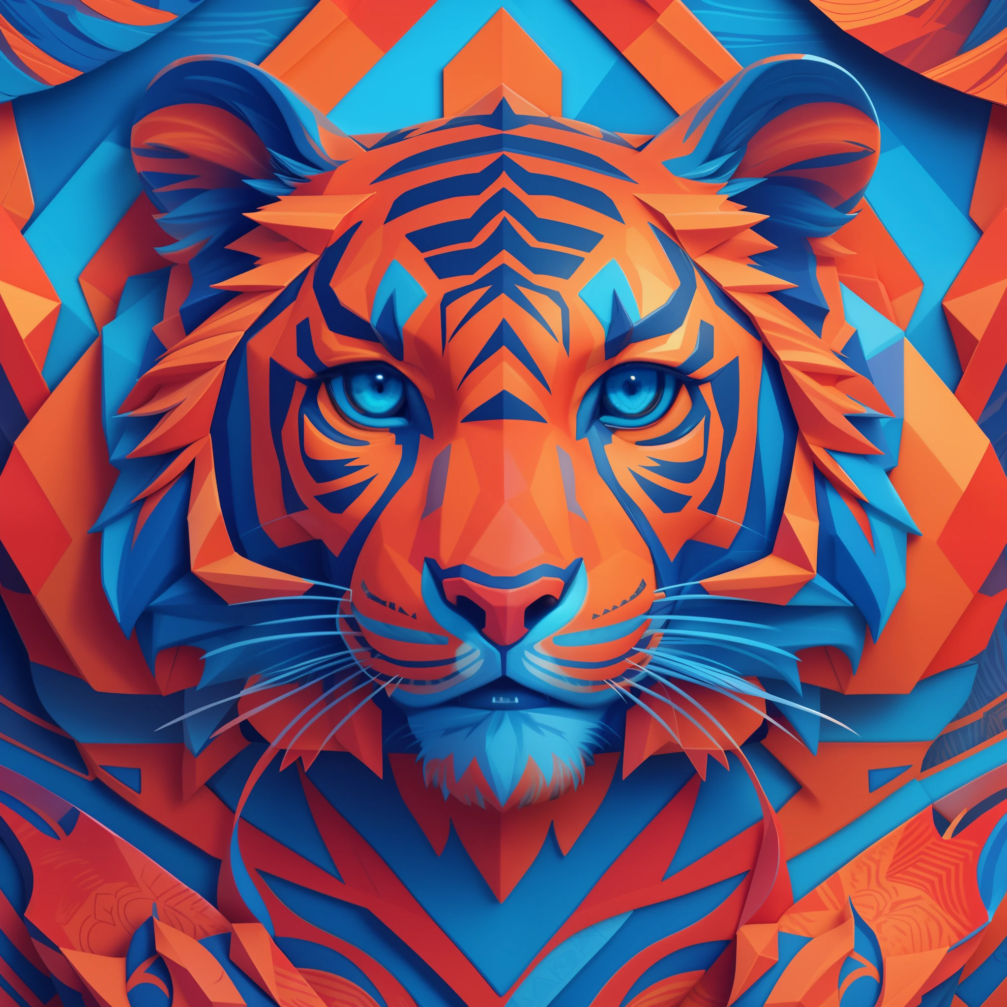 3d tiger with a geometric design, ((3d art)), tiger head, tiger, ((tiger)), tiger face, intricate 3d illustration, cosmic tiger, tiger_beast, detailed digital 3d art, anthropomorphic tiger, high detailed illustration, low poly vector illustration, highly detailed vector art, striking detailed artstyle, sacred tiger, (vibrant colors), ((red, orange and blue colors)), (origami), 