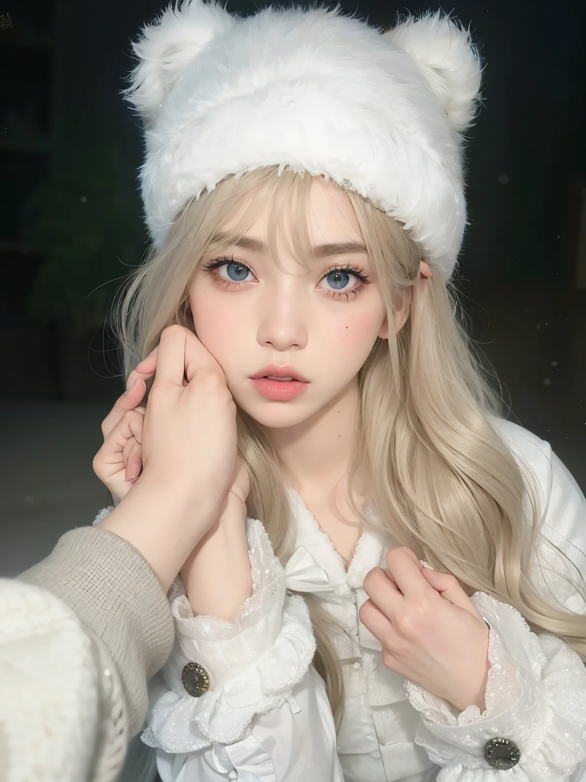 chica rubia de cabello con ojos azules y un sombrero peludo blanco, ulzzang, muy hermosa linda catgirl, pelo largo y rubio y ojos grandes, pale porcelain white skin, retrato realista kawaii, pale, snow-white skin, Lalisa Manobal, sakimichan, cabello rubio y ojos grandes, dulce conejita ultrarrealista, long cabello rubio y ojos grandes