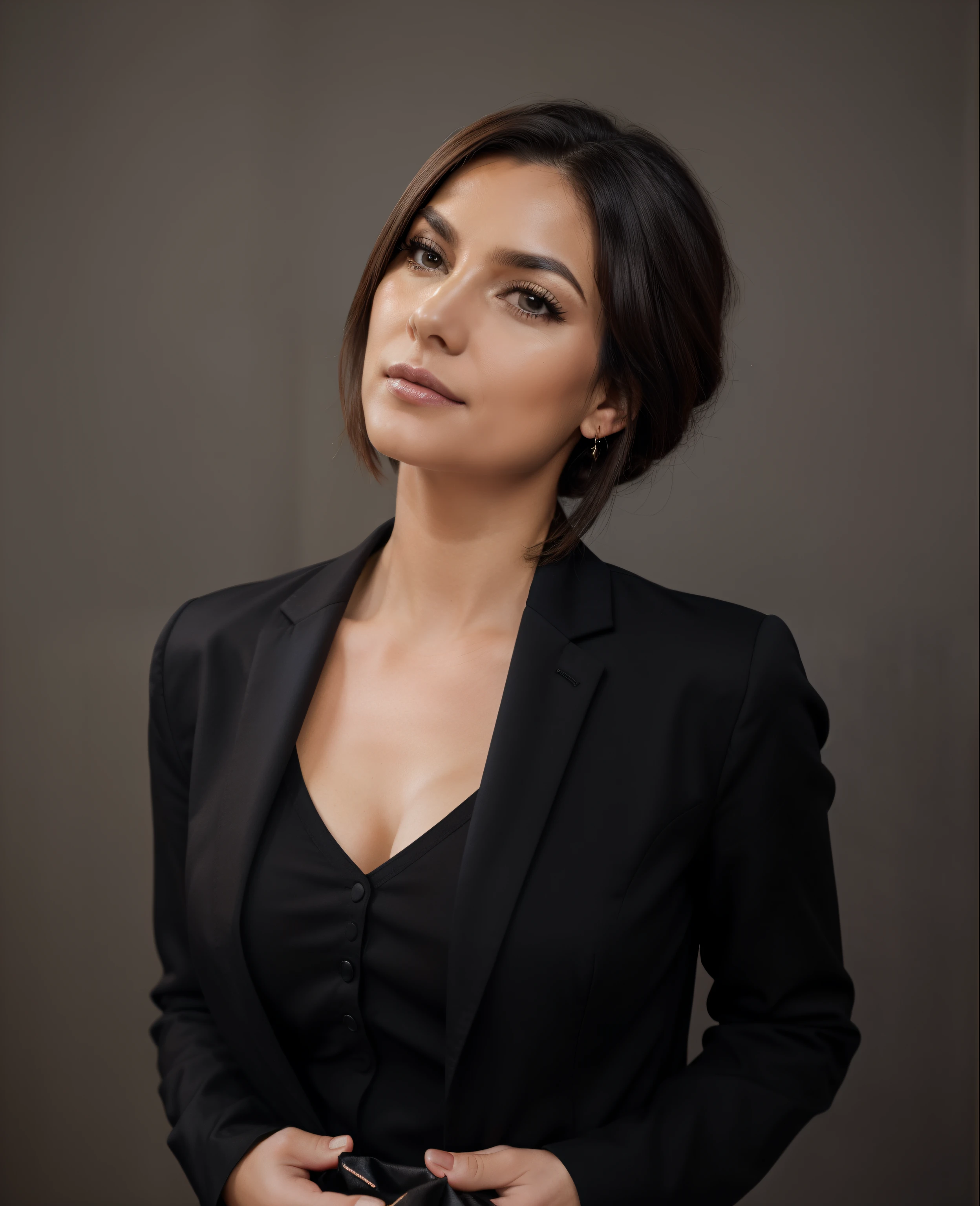 1 mulher adulta, cabelo comprido, cabelo cacheado, cabelo cor preto, pele suave, olhos castanhos, sorrir, vegetation, Occasional, Businesswoman style clothes, blaser vermelho, realista, com fundo em um restaurante chique, 8k super realista, super detalhado e realista