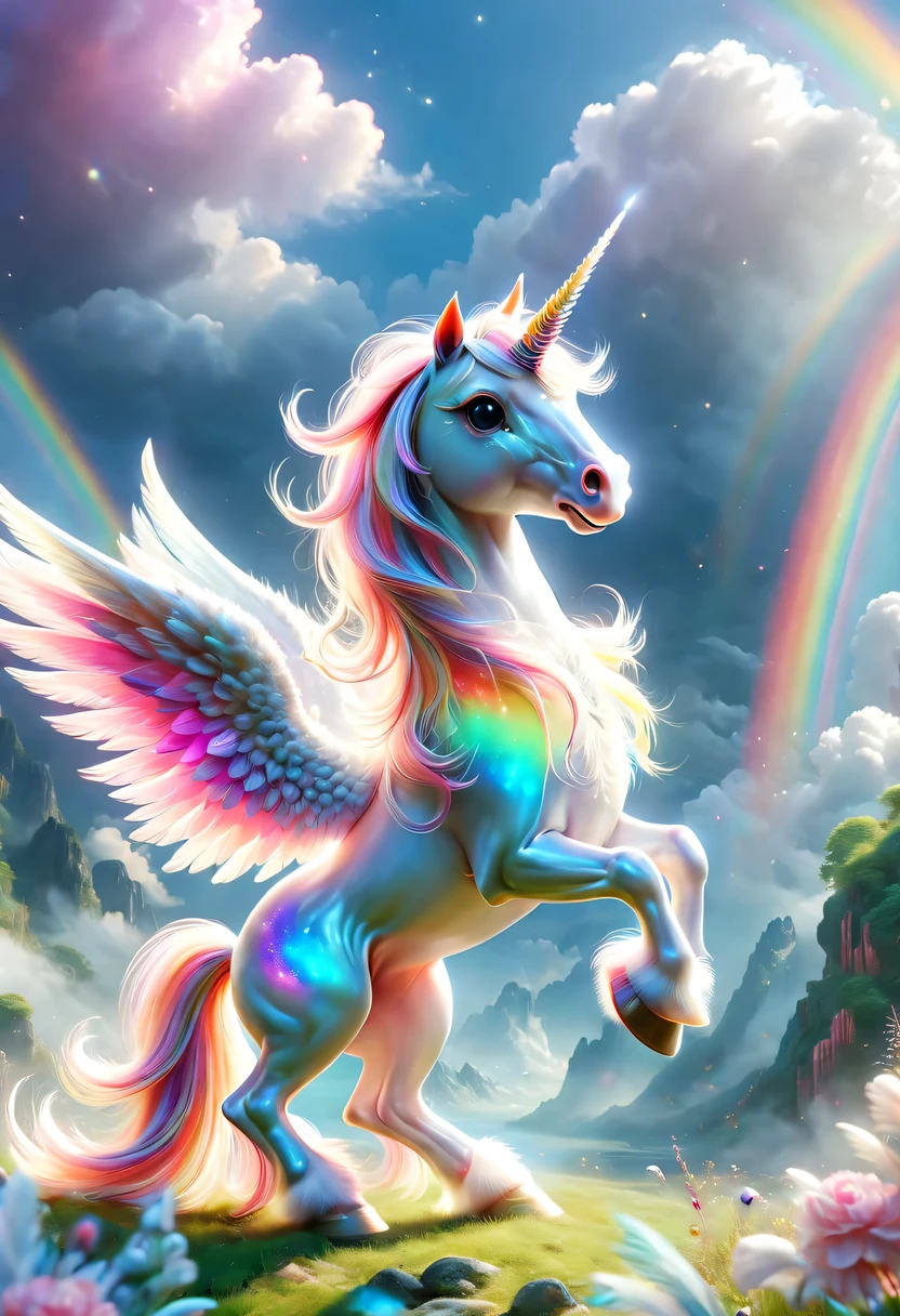 mystery生物,cute pet,unicorn,Yu Ji,angel hope,Q version,cartoon,Cute and cute,rainbow,cloud,soft space,ethereal,bioluminescence,divinelight,charming,mystery,bright colors,detailed details,lifelike,超级lifelike,epic mythology fantasy,Epic surrealism,epic magic fantasy,bright colors