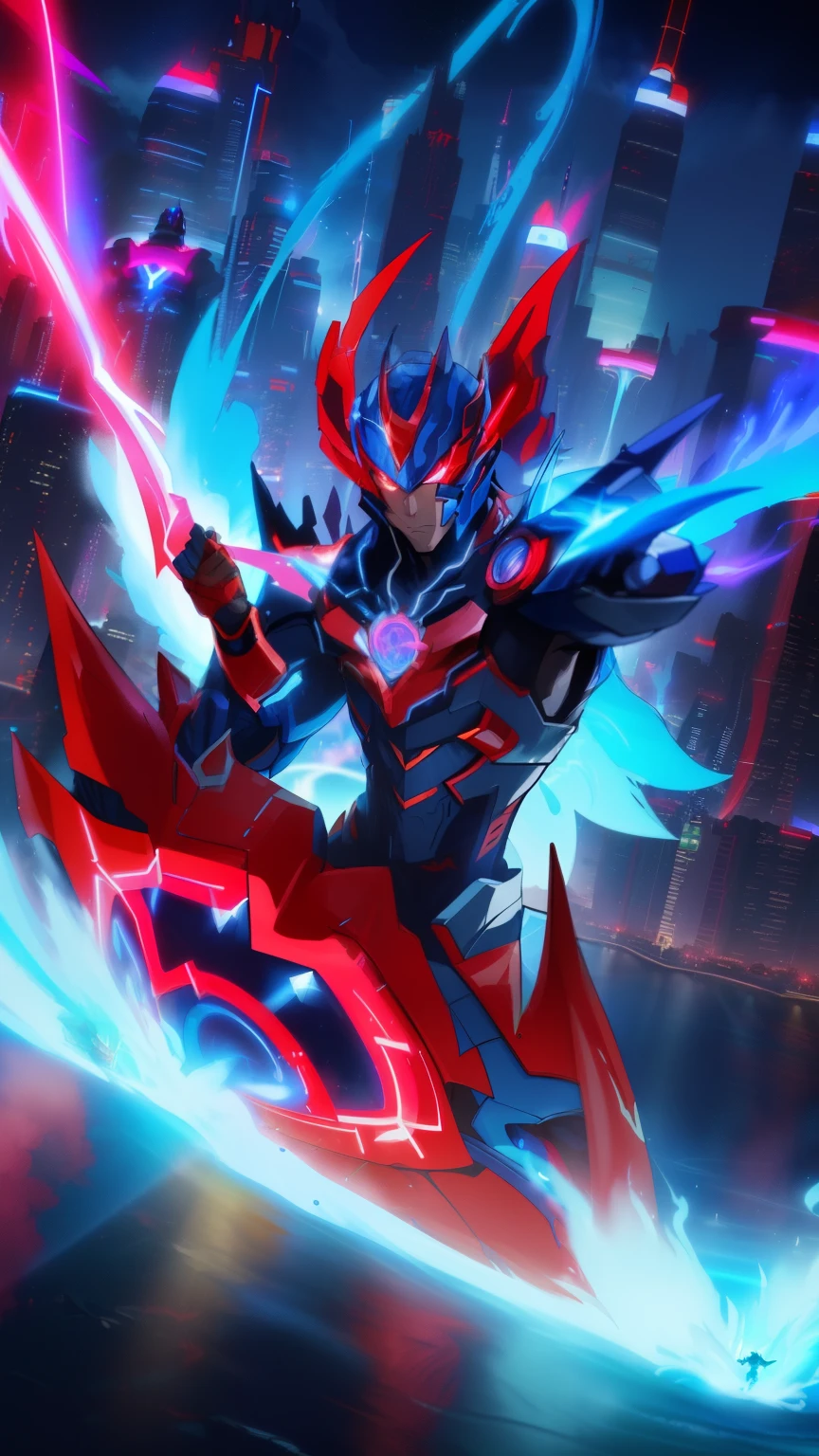 a man in a red and blue suit flies through a colorful whirlpool, vibrant fan art, neon armor, epic anime about energy man, → ⃣ spectrum of darkness prime, dragon knight, duelist style, Neon Samurai, Hero pose: colorful city lighting, trigger anime art style, transforming into its final form, Colorful concept art, human and dragon fusion