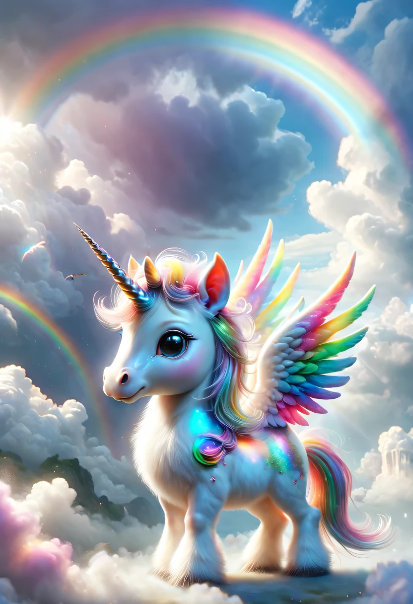 mystery生物,cute pet,unicorn,Yu Ji,angel hope,Q version,cartoon,Cute and cute,rainbow,cloud,soft space,ethereal,bioluminescence,divinelight,charming,mystery,bright colors,detailed details,lifelike,超级lifelike,epic mythology fantasy,Epic surrealism,epic magic fantasy,bright colors