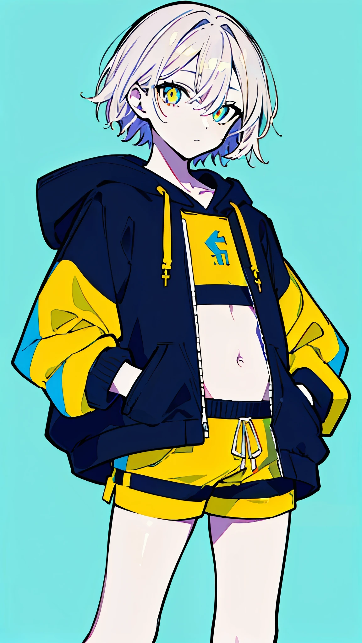 (masterpiece, highest quality:1.6), alone, thick outline, (simple background, Dark yellow background, monochrome, dark yellow theme:1.2), official art, Key Visual, 8K, disorganized, whole body, (Unique hair, Oversized Hoodies, hot pants, arch back, short torso:1.2), belly button, thighs, cowboy shot, HDR, sharp focus, High resolution, most detailed, very detailed, Super detailed, finely, detailed eyes and face, sharp pupils, realistic student, solo, contrast between yellow and light blue, solo, hands in pockets