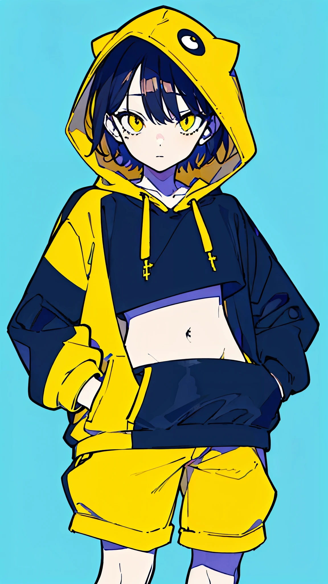 (masterpiece, highest quality:1.6), alone, thick outline, (simple background, Dark yellow background, monochrome, dark yellow theme:1.2), official art, Key Visual, 8K, disorganized, whole body, (Unique hair, Oversized Hoodies, hot pants, arch back, short torso:1.2), belly button, thighs, cowboy shot, HDR, sharp focus, High resolution, most detailed, very detailed, Super detailed, finely, detailed eyes and face, sharp pupils, realistic student, solo, contrast between yellow and light blue, solo, hands in pockets