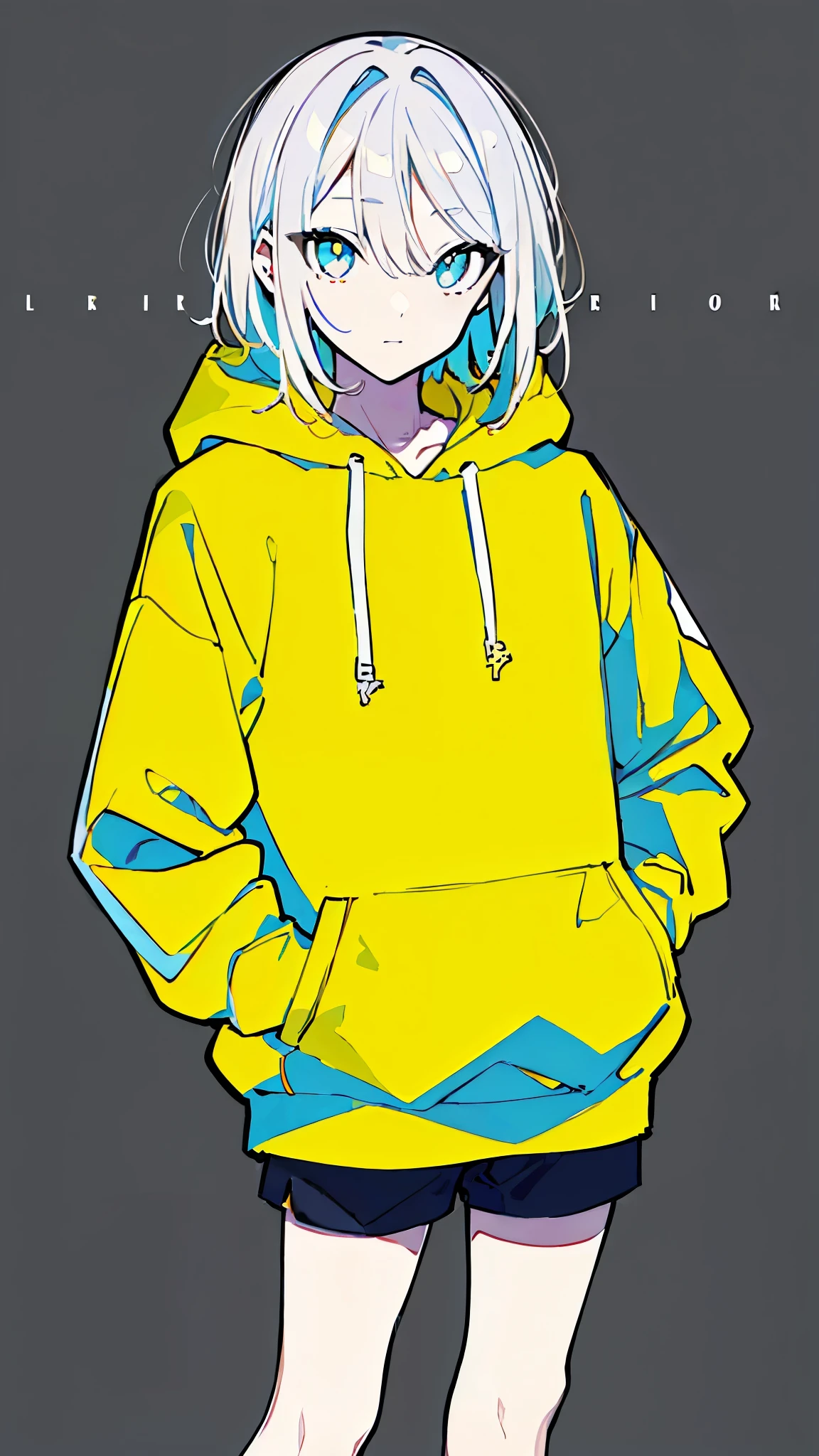 (masterpiece, highest quality:1.6), alone, thick outline, (simple background, Dark yellow background, monochrome, dark yellow theme:1.2), official art, Key Visual, 8K, disorganized, whole body, (Unique hair, Oversized Hoodies, hot pants, arch back, short torso:1.2), belly button, thighs, cowboy shot, HDR, sharp focus, High resolution, most detailed, very detailed, Super detailed, finely, detailed eyes and face, sharp pupils, realistic student, solo, contrast between yellow and light blue, solo, hands in pockets