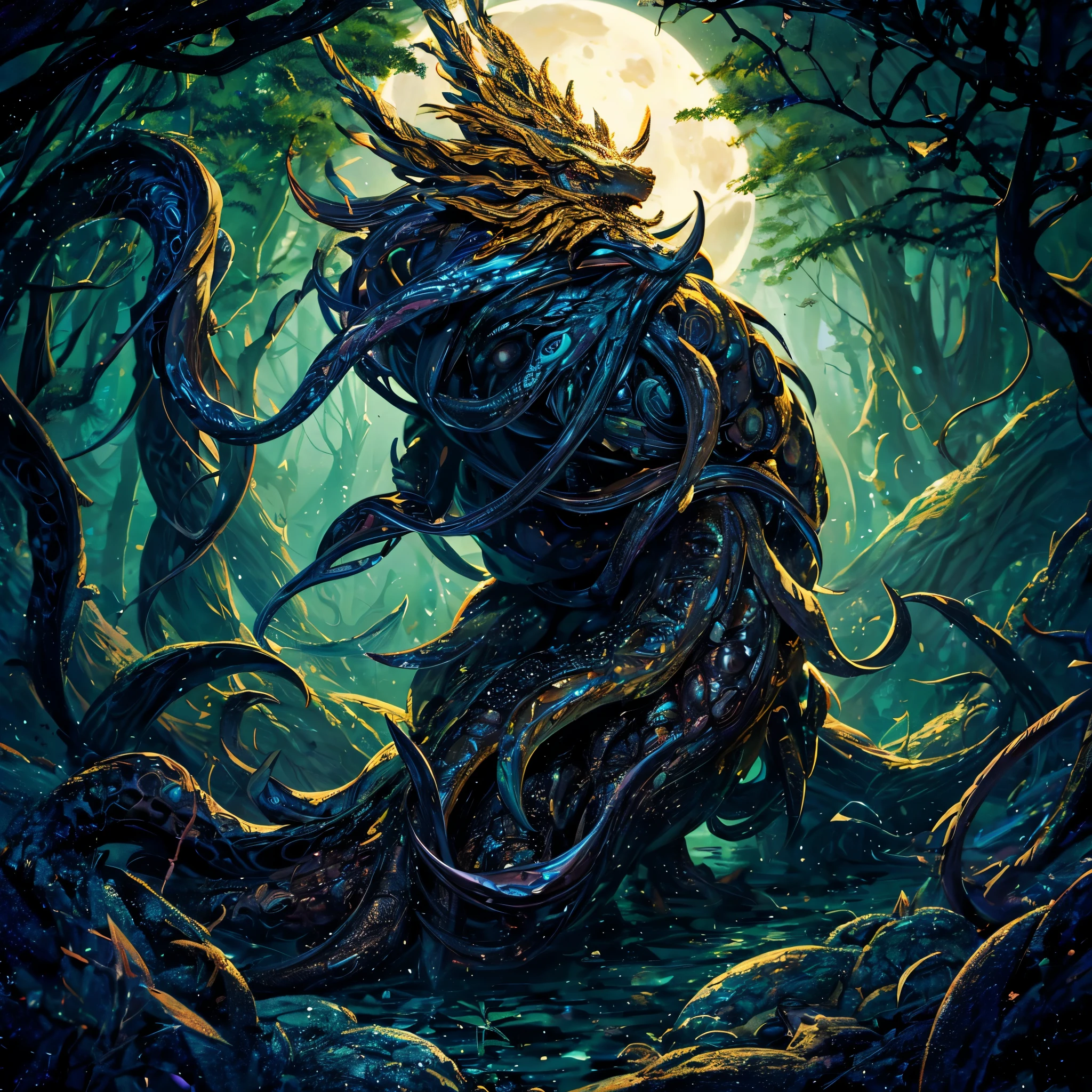 An eldritch horror with many tentacles and many insect eyes crawls through the forest, it has a single golden unicorn head protruding from its head, set in a moonlit swamp