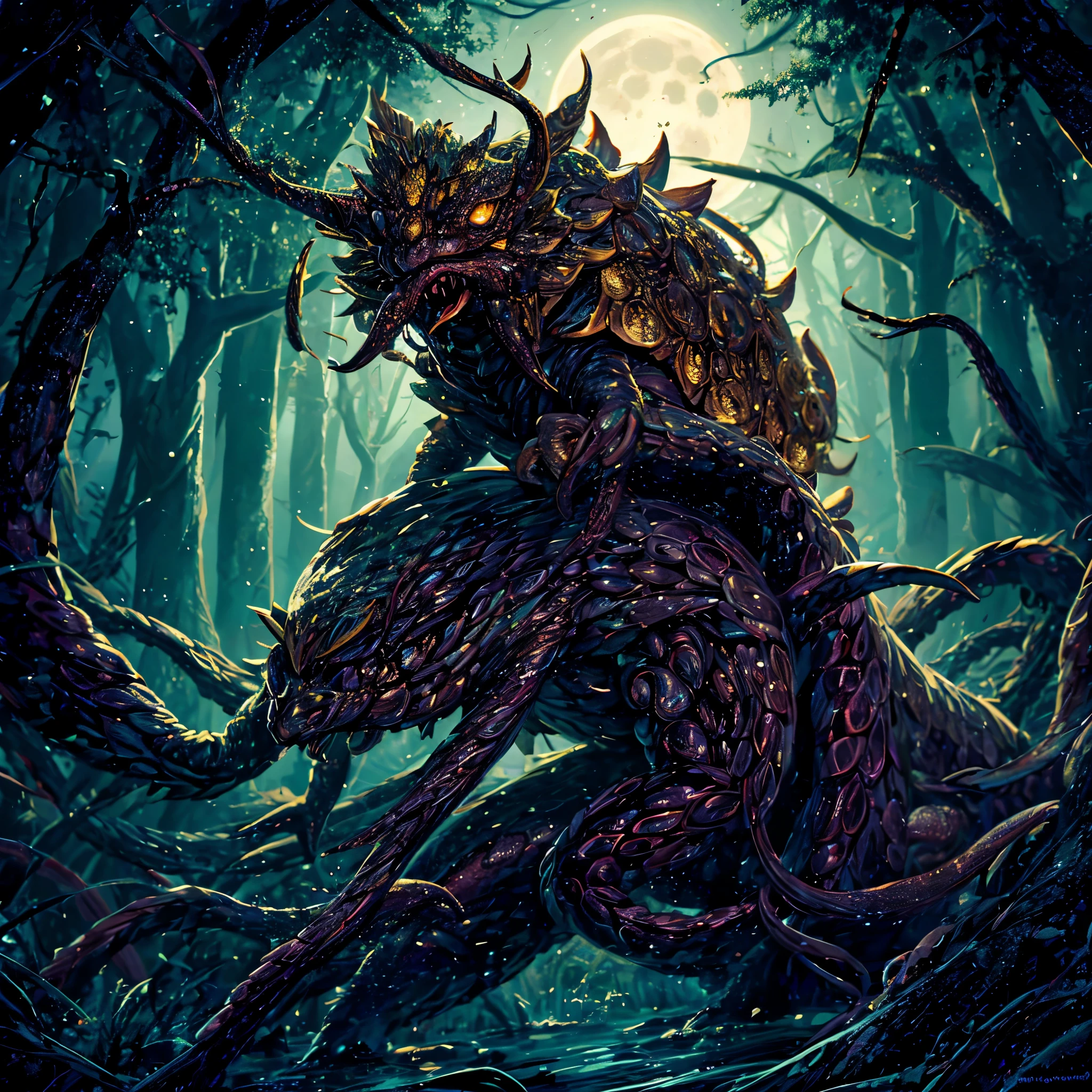 An eldritch horror with many tentacles and many insect eyes crawls through the forest, it has a single golden unicorn head protruding from its head, set in a moonlit swamp