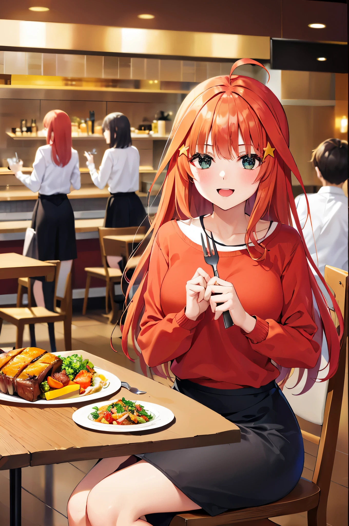 Satsuki Nakano, Itsuki Nakano, 2D, masterpiece, highest quality, and soul, very detailed, 1 girl, alone, face focus, Masaki Nakano, redhead, hair length, star hair ornament, Ahoge, school uniform, (red orange sweater:1.3), (black skirt:1.3), (long skirt:1.3), (hairpin:1.2), middle chest, Are standing, (Western Restaurant:1.2), Please sit down, sit on a chair, meal, Eat steak, Holding a knife and fork, smile, open your mouth