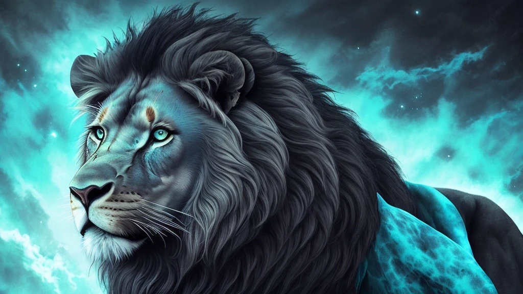 Far portrait of a lion wearing an elegant black suit, with a turquoise blue nebula background, ultra detailed, ultra resolution, best quality, best aspect ratio, best anatomy, hyper-realism, high quality, HDR, vivid colors, 85mm lens, dark style, realistic face, light lighting