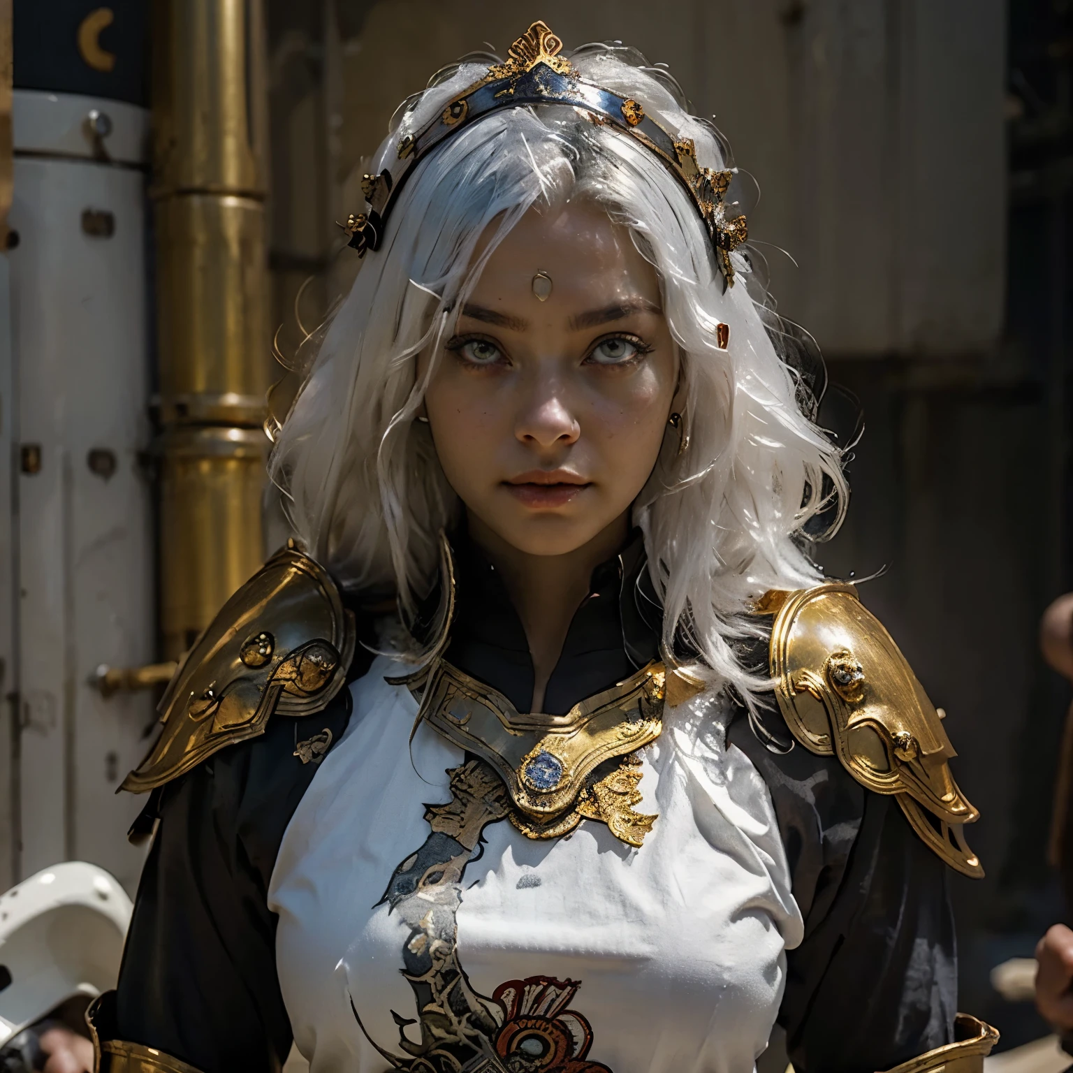 woman from the front, white hair, red eyes, golden crown on her head, detailed armor, anime, image for shirt print