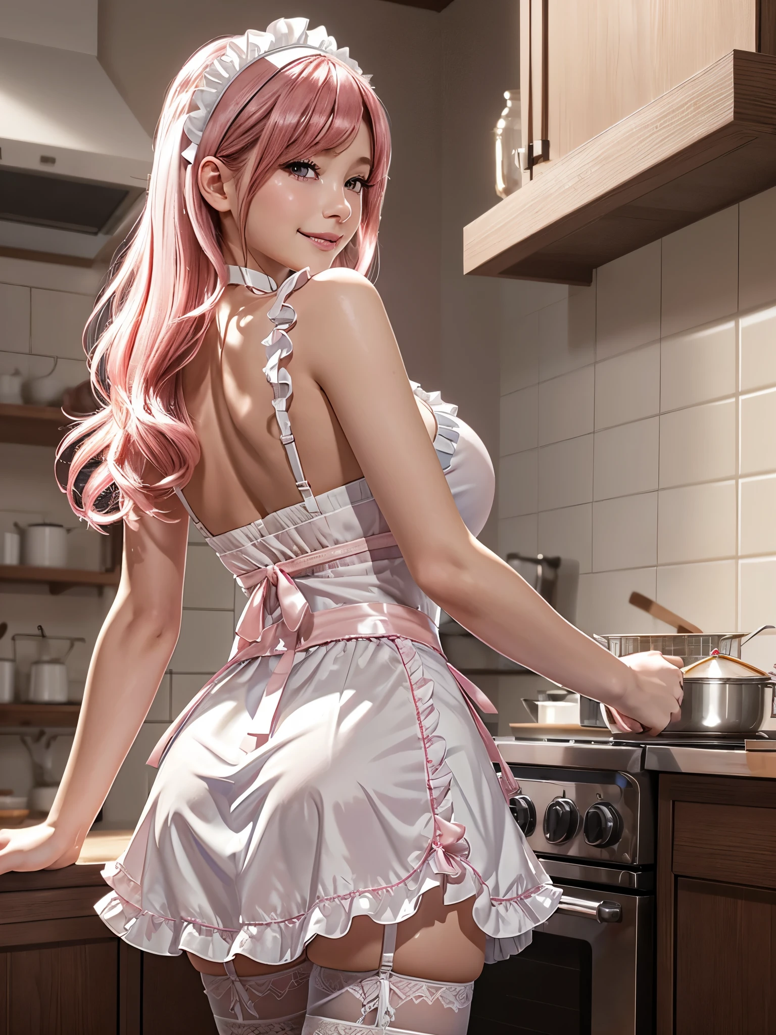 high resolution), (In 8K), (detailed), (best illustration), (美しいdetailedな目),(美しいdetailedな顔), fair skin、very beautiful skin, (pink hair), (pink eyes)、(1 18 year old female), (solo), (detailedな目, pale shiny skin, glossy lips, face lighting), (big breasts),(thin thighs), (thin slim waist), (Shy smile),western castle、Cooking dishes、裸apron、白いapronドレス、lots of frills、white headband、black garter belt、white long stockings、apron、back view、turn around、
