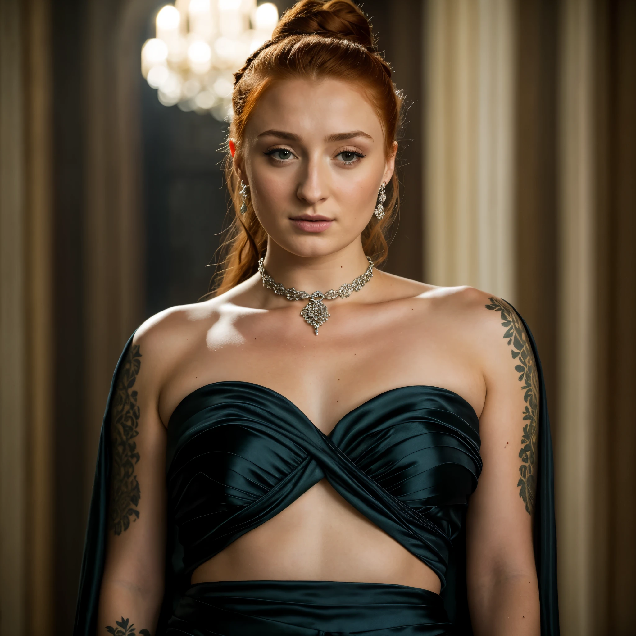 Foto RAW, Sansa Stark PLAYED BY SOPHIE TURNER Ned and Cat's oldest daughter. Demure and ladylike, her dream to marry Prince Joffrey. Her direwolf named Lady , Game of Thrones Series, (pele altamente detalhada: 1.2), 8k UHD, DSLR, soft-lighting, alta qualidade, grain of film, Fujifilm XT3