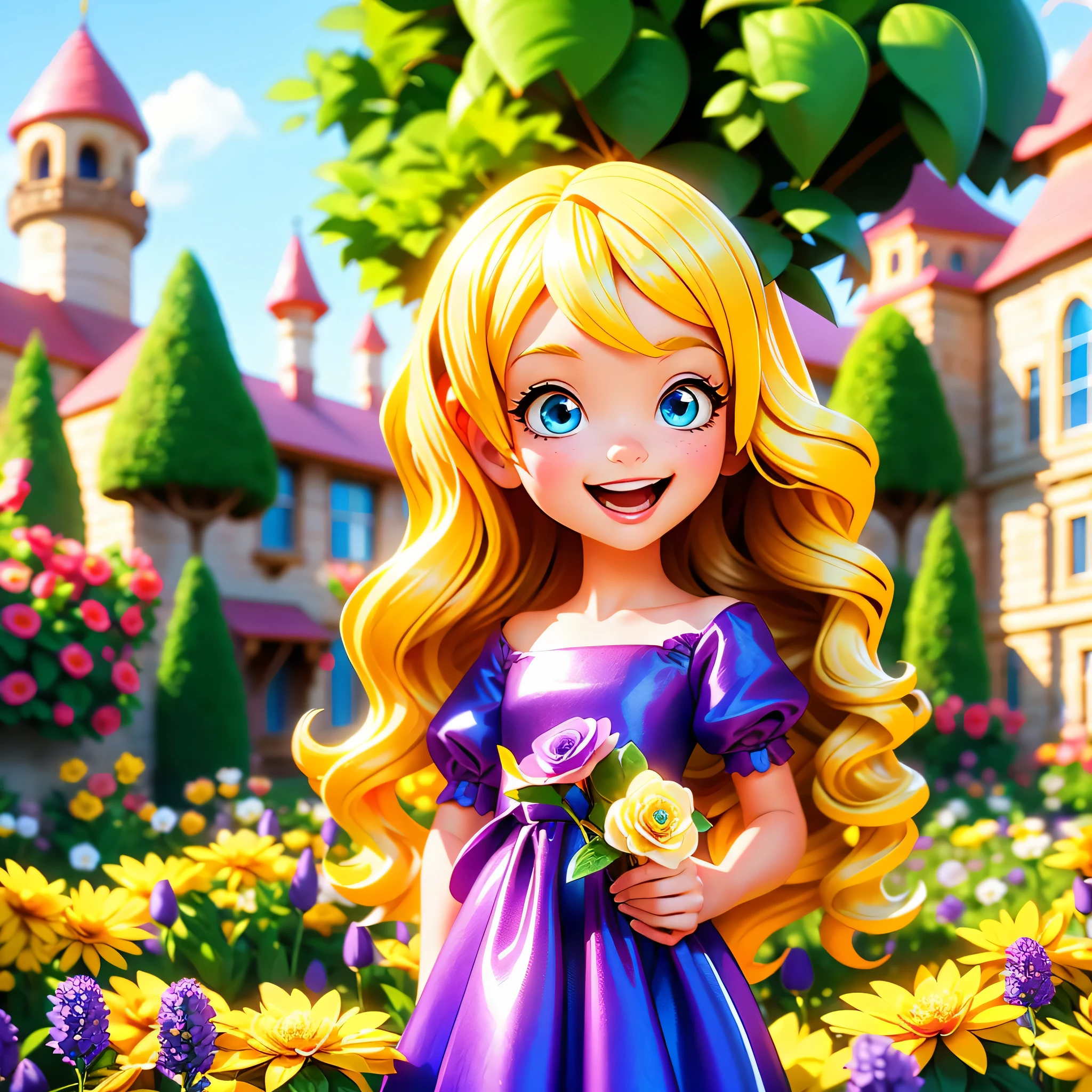 close up portrait, a beautiful blonde-haired Irish princess, 19-year-old, shapely, long wavy hair, bright blue eyes, fair skin, wearing a red and purple dress, golden crown, laughing happily, in a flower garden, sunny day in a castle flower garden, digital art