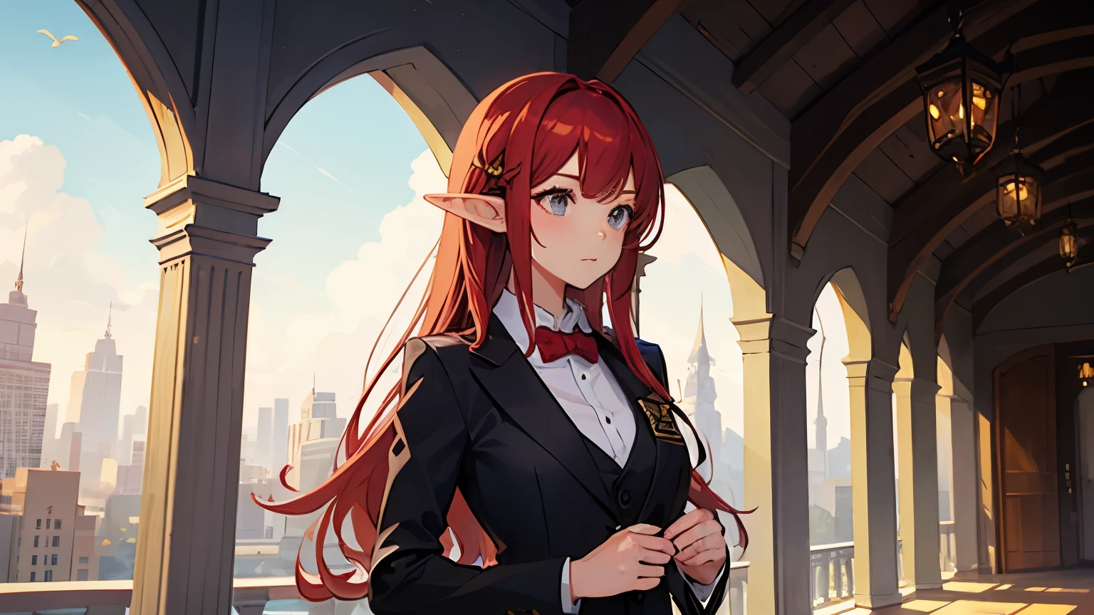1girl, suit, red hair, elf, fantasy setting