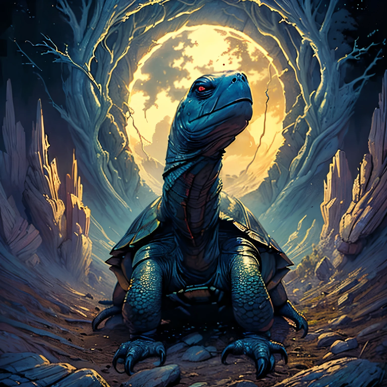 (best quality,ultra-detailed,realistic:1.37),(dark,ominous) eldritch horror,(scary,terrifying) creature crawling,(many:1.1) tentacles,(many:1.1) insect eyes,(eerie atmosphere),(moonlit) forest,(mysterious) swamp,(sinister) ambiance, (moonlight) reflections,(ominous shadows),(sinuous movements),(grotesque) appearance,(unique) unicorn horn,(golden) protruding from head,(mystical) creature emerging, (foreboding) environment, (eerie soundscape), (nightmarish) aura, (unearthly) presence, (unsettling) atmosphere