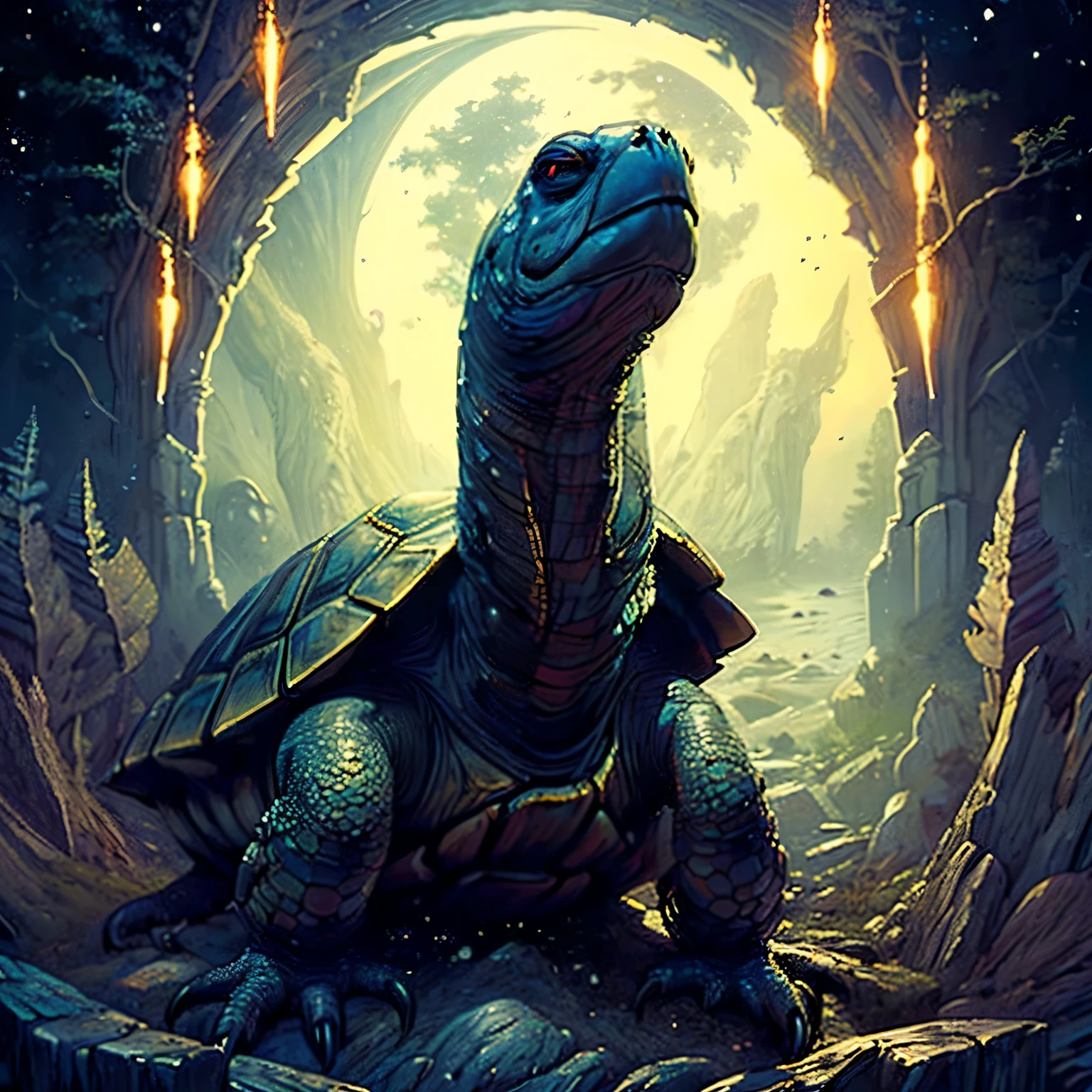 (best quality,ultra-detailed,realistic:1.37),(dark,ominous) eldritch horror,(scary,terrifying) creature crawling,(many:1.1) tentacles,(many:1.1) insect eyes,(eerie atmosphere),(moonlit) forest,(mysterious) swamp,(sinister) ambiance, (moonlight) reflections,(ominous shadows),(sinuous movements),(grotesque) appearance,(unique) unicorn horn,(golden) protruding from head,(mystical) creature emerging, (foreboding) environment, (eerie soundscape), (nightmarish) aura, (unearthly) presence, (unsettling) atmosphere