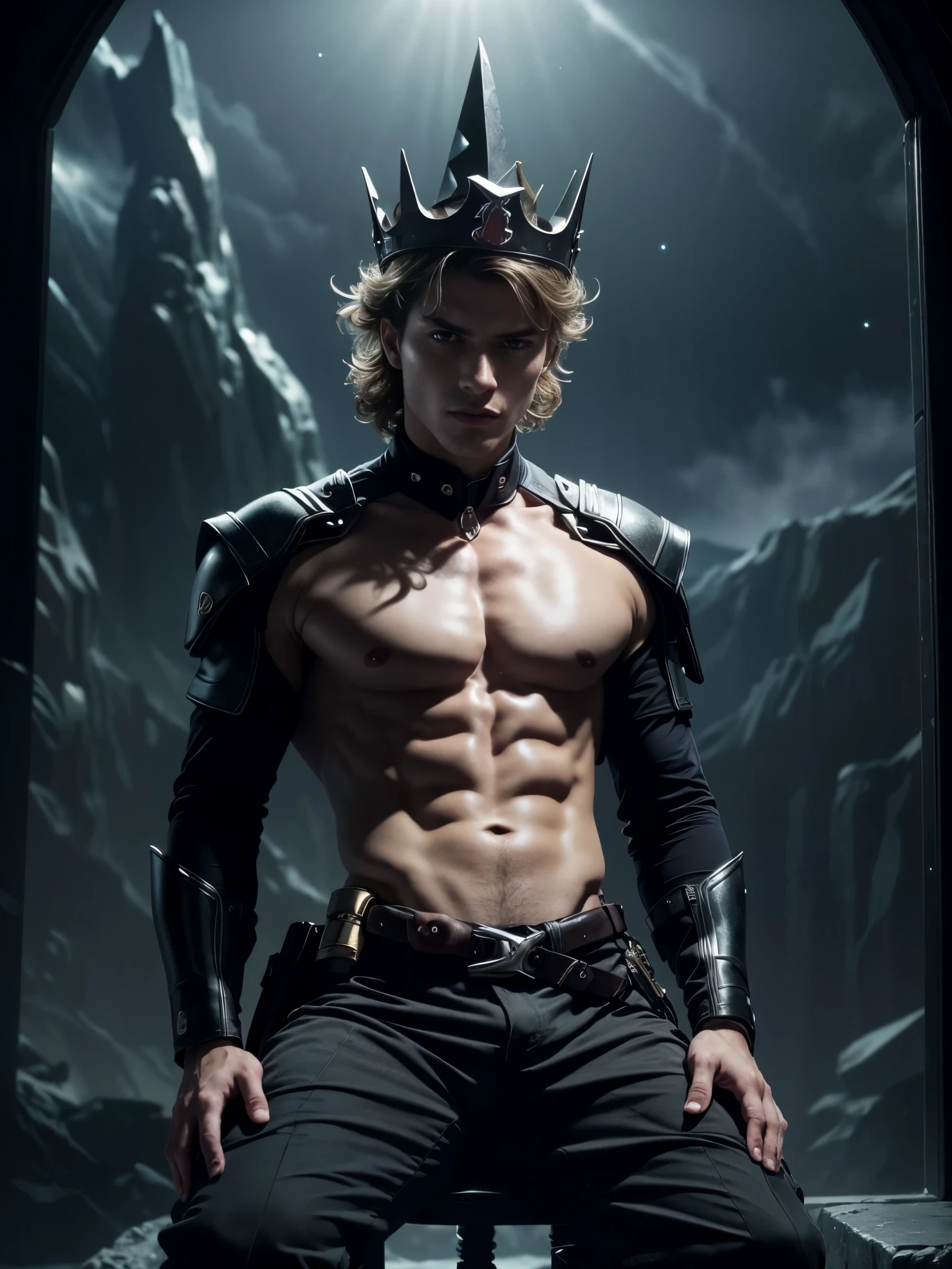 (photorealistic),masculine and beautiful men, full body shot. A photograph of a 18 years old male model shirtless, he is sitting at the edge of futuristic throne, he is wearing a (dark evil masculine crown:1.4), and tight black futuristic pants, and looks Italian man, with light blue eyes, white pale skin, brown hair, messy wavy hair, defined body, fit body. Set the scene out space, galaxies, stars and planets in the background, with a dim light coming from a huge window, amazing architecture. Masterpiece:1.5, dramatic lighting, dark night, diffuse light, (dark atmosphere:1.5), best quality, beautiful lighting, realistic, real image, intricate details, everything in razor sharp focus, perfect focus, male focus, perfect face, extremely handsome, extremely muscular, Photograph, masterwork, supreme resolution, 32K, ultra-defined, extremely shallow depth of field, very defined faces, excellent quality, dramatic lighting, deep shadows. dynamic pose. Camera settings to capture such a vibrant and detailed image would likely include: Canon EOS 5D Mark IV, Lens: 85mm f/1.2, ISO 100, 1/500 sec