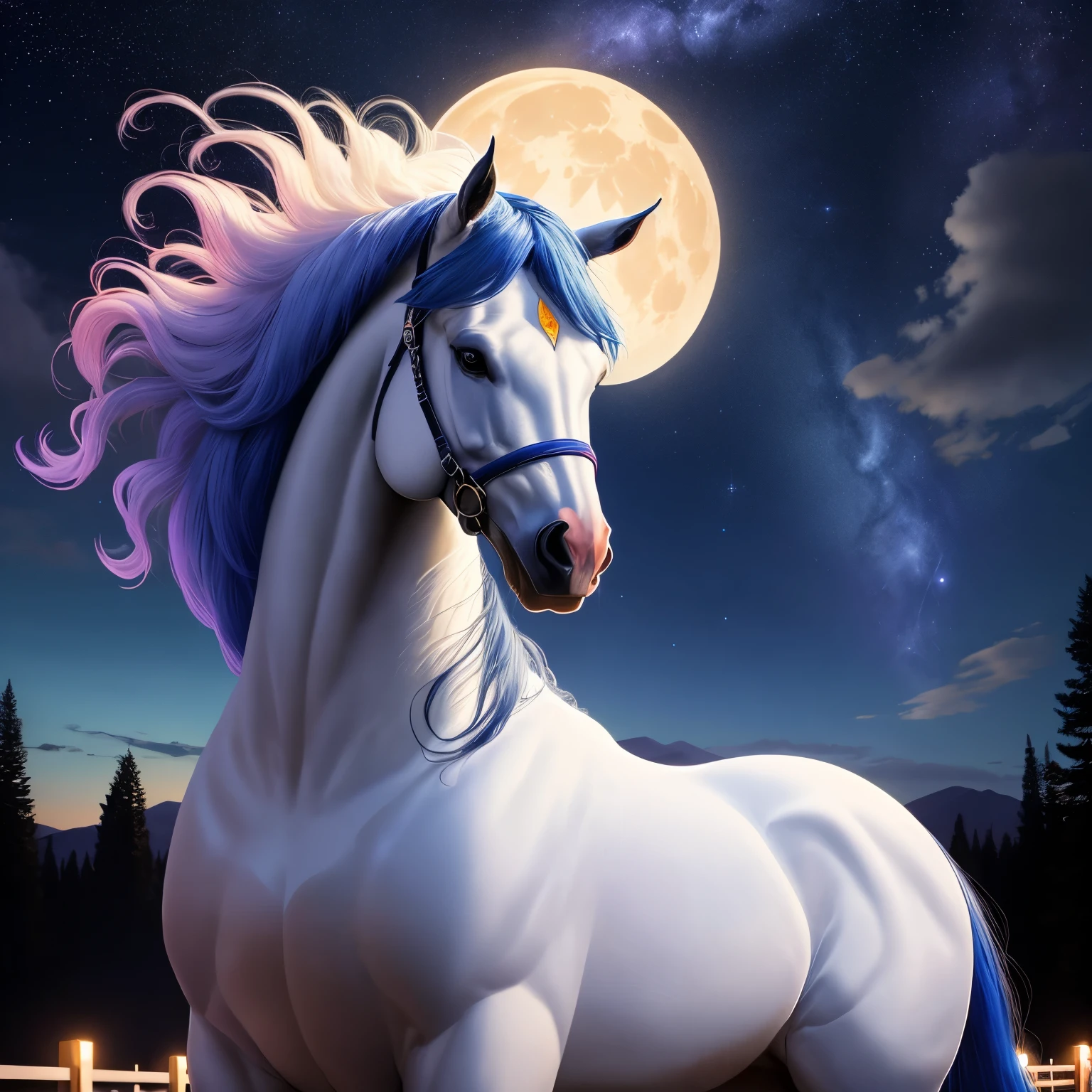 Geist_aus_spirit2002, A beautiful horse stands in front of the starry sky, one large moon, a lush mane, Ein Sternenhimmel, Blaue Berge, Ein Pferd, ein Kopf, vier Beine