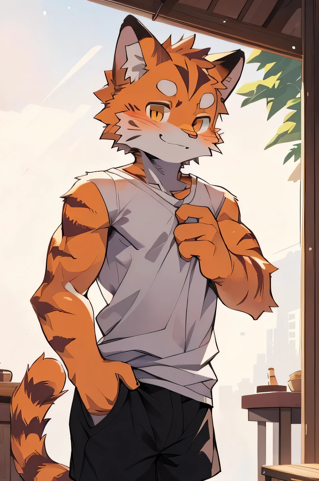 (Best Quality), (Bare upper body:1.1),(only wearing a black shorts:1.1),(very muscular Body:1.1),(bare to the waist:1.1),(naked:1.1),Male, Adult, solo,kemono,Anthropomorphic orange tiger, watery eyes, orange furs, orange Medium Hair, Short Pants, Good Looking, Smiling, Cool Pose, Sunset Background.Masterpiece, Best quality, Perfect anatomy, , author:Milk Tiger 1145, author:K0bit0wani, Furry, (Phyllis:0.3)