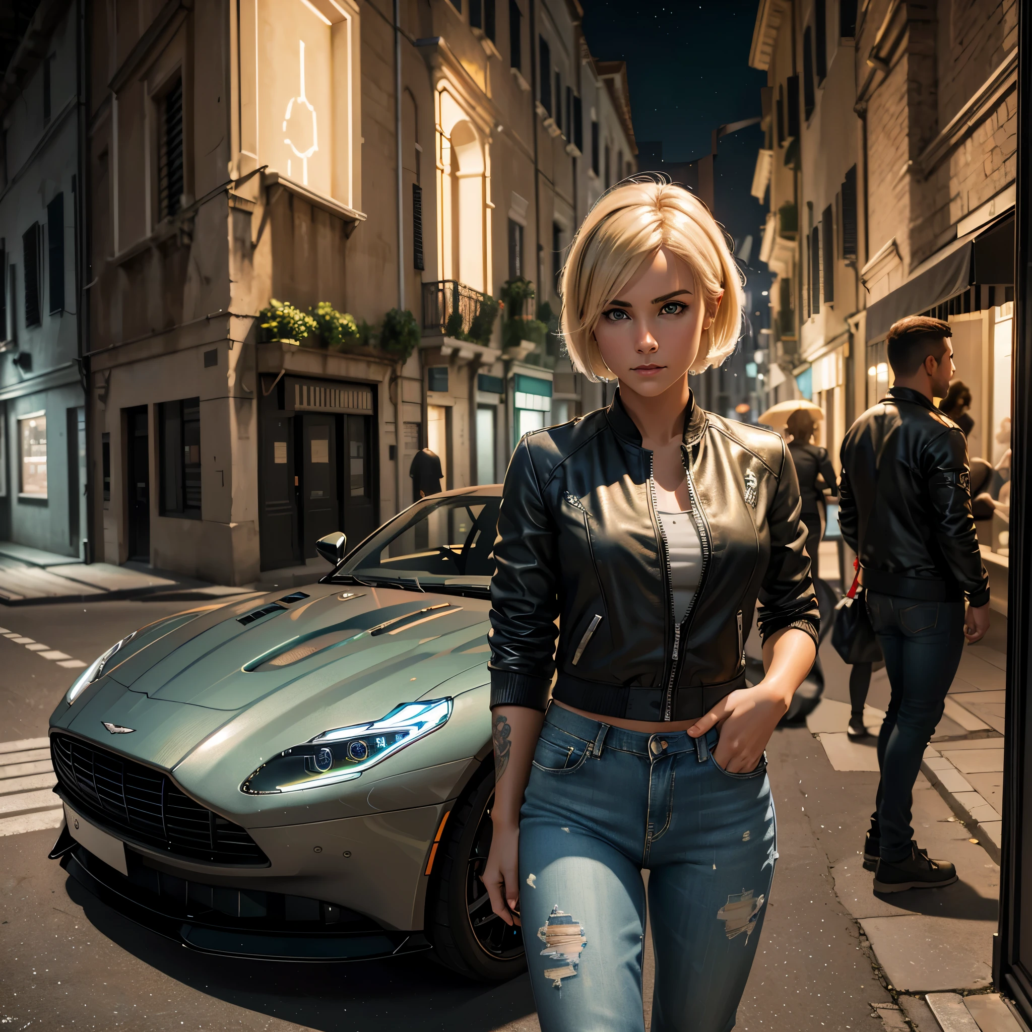 she is blondie and is posing with an Aston Martin DB11 Volante car in Palm City at night, short hair, tattoos in the leg, wearing short jeans and racing jacket, (1 girl:1.4), wide lens, open aperture,
((Best quality)), ((masterpiece)), (highly detailed:1.3), Depth-of-field, Multi-layered textures, HDR (High Dynamic Range), Ray Tracing, NVIDIA RTX, Unreal 5, Subsurface scattering, PBR Texturing, Post-processing,
Anisotropic Filtering, Maximum clarity and sharpness, Wide aperture, Low ISO, White balance, Rule of thirds, 8K RAW, art, neoclassical painting, mural, Venetian painting style, oil painting,