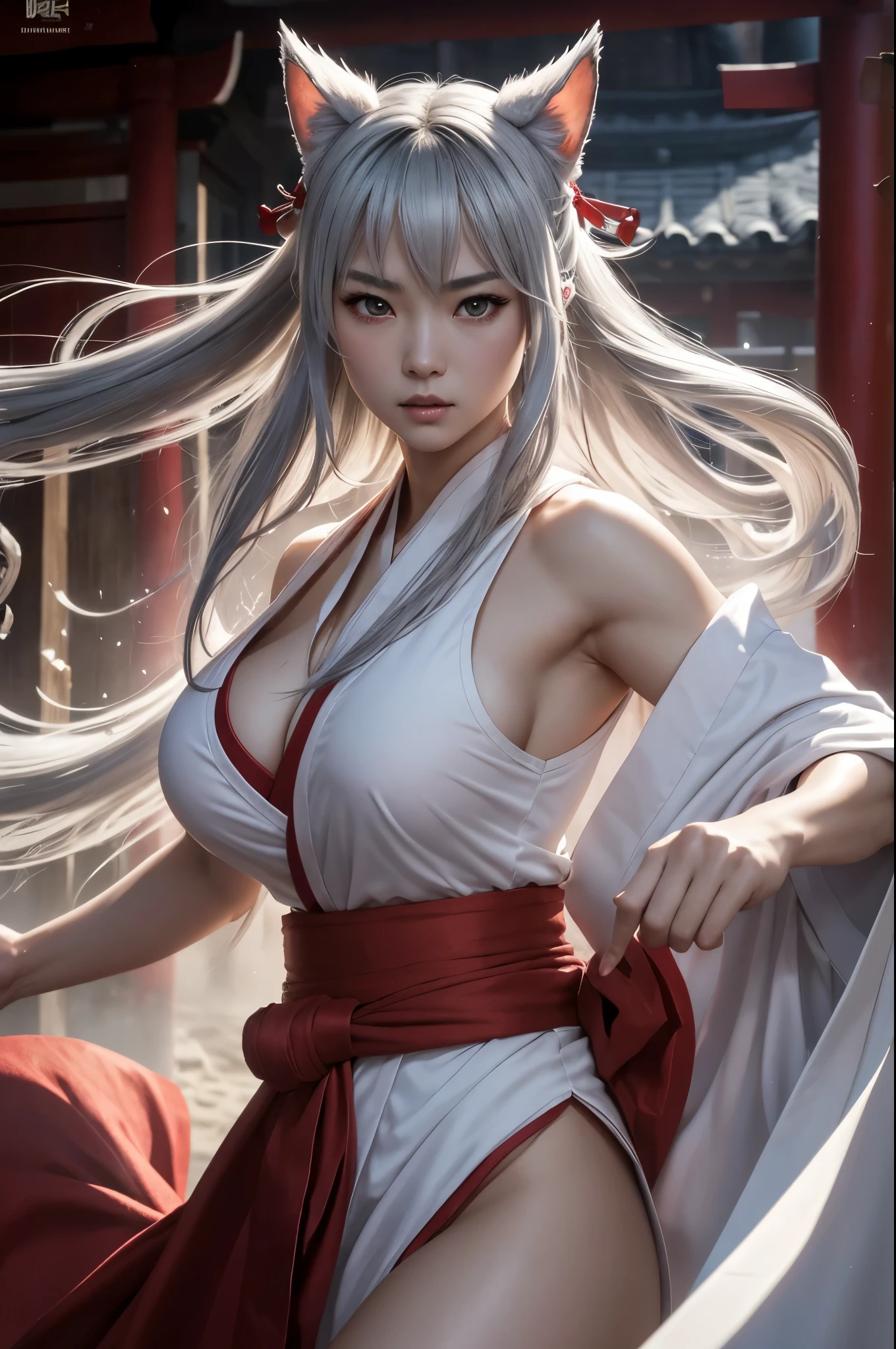 8K,Black light、Real art of angry expression、wrathの犬神,combat readiness,readiness to fight,bushido,fighting poseの50歳の女性,Delicate and beautiful mature dog god with big breasts、1 、dog ears,gray hair、日本のshrine maiden costumeを着た犬神の女王、wrath,Japanese red and white shrine maiden costume,glare at viewer,dynamic angle,Anthropomorphic Inugami Queen、long white hair、super beautiful、(Super A)High resolution、Top image quality)、masterpiece、very delicate and beautiful、attention to detail,rich background,((High resolutionスキン))golden eyes,teeth、Golden pupil,beautiful expression,white tail、red sacred magatama collar、attractive body、muscular muscular body of slim woman,Intensely cracked abdominal muscles、Super A high resolution,surreal,shrine maiden costume,Red and white priestess costume,wide open chest,Beautiful white bare skin,dog ears,Photorealistic RAW photos of the highest quality。bright colors,rich colors, Backlight, cinematic lighting, film grain, to be born, 50mm lens, Nikon D850,realistic skin,fantasy art,character art,超High resolution,realistic skin,sunset,very large breasts exposed,battle scene,action scene,acrobatic pose,action pose,fighting pose,Shrine maiden&#39;s red hakama,Fighting style,mature woman,middle age,Precise work of the Inugami emblem,