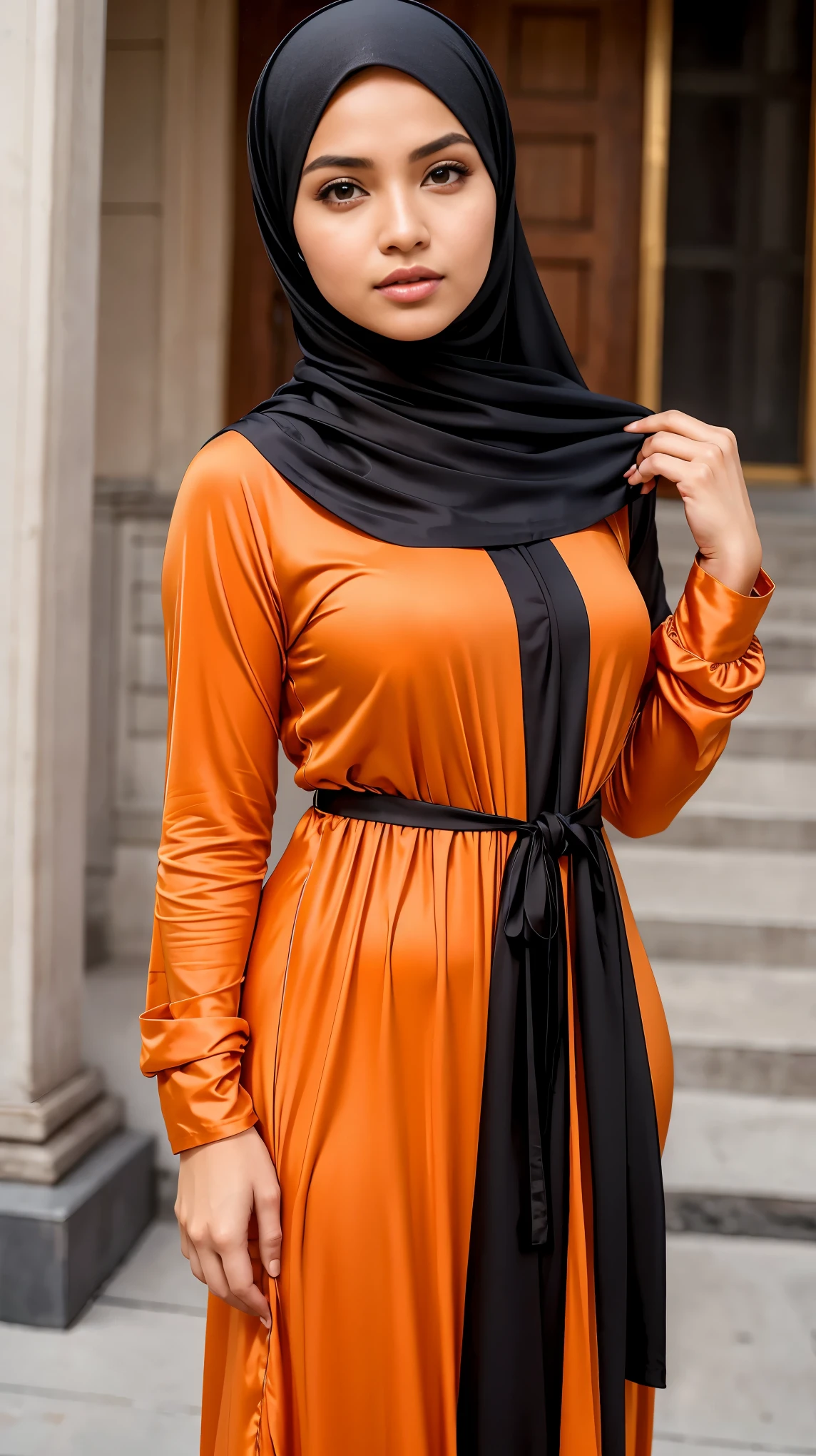 RAW, Best quality, high resolution, masterpiece: 1.3), beautiful Malay woman in hijab, Masterpiece, perfect fit body, big breasts,thick thighs, beautiful face, beautiful big eyes, Soft smile, ((close up)), muslim woman wearing a hijab, standing on a sidewalk, long tunic, stylish dress, simple dress, casual clothing style, long shirt, long orange robe, illustrious clothes, casual modern clothing, beautiful soft silky dress, modern casual clothing, fashion clothing, beautiful clothes, trendy clothes, beautiful silky dress, orange and black, modest flowing gown, modestly dressed