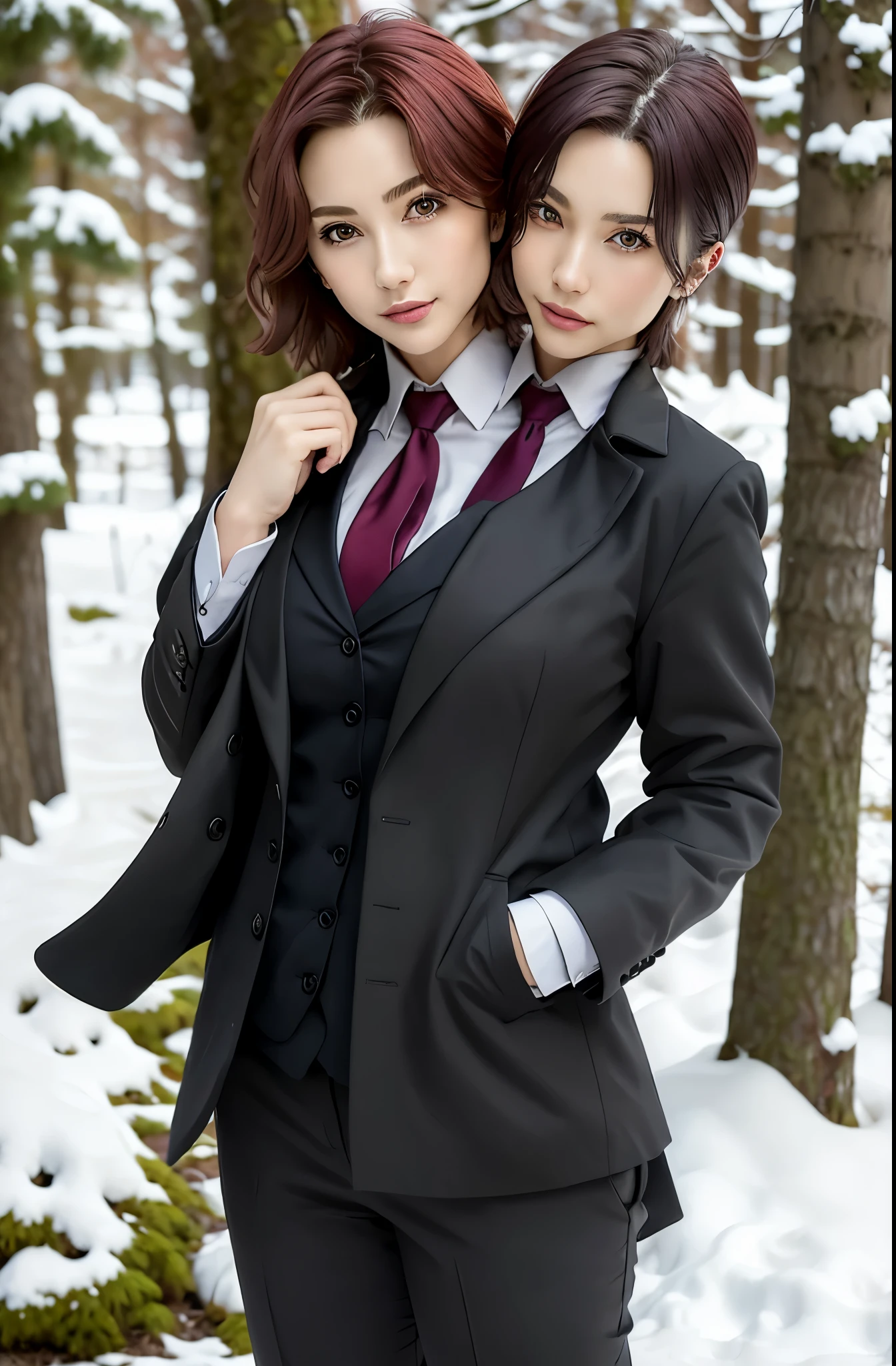 (2heads:1.1), (masterpiece, best quality, detailed), 1girl, solo, outdoors, snow, winter, forest, serious, hands in pockets, looking at viewer, pov, ((half-body)), beautiful face, beautiful
bazett fraga mcremitz, pant suit, black necktie, black jacket, red shirt, grey coat, black pants,  long coat, black boots, blurred background