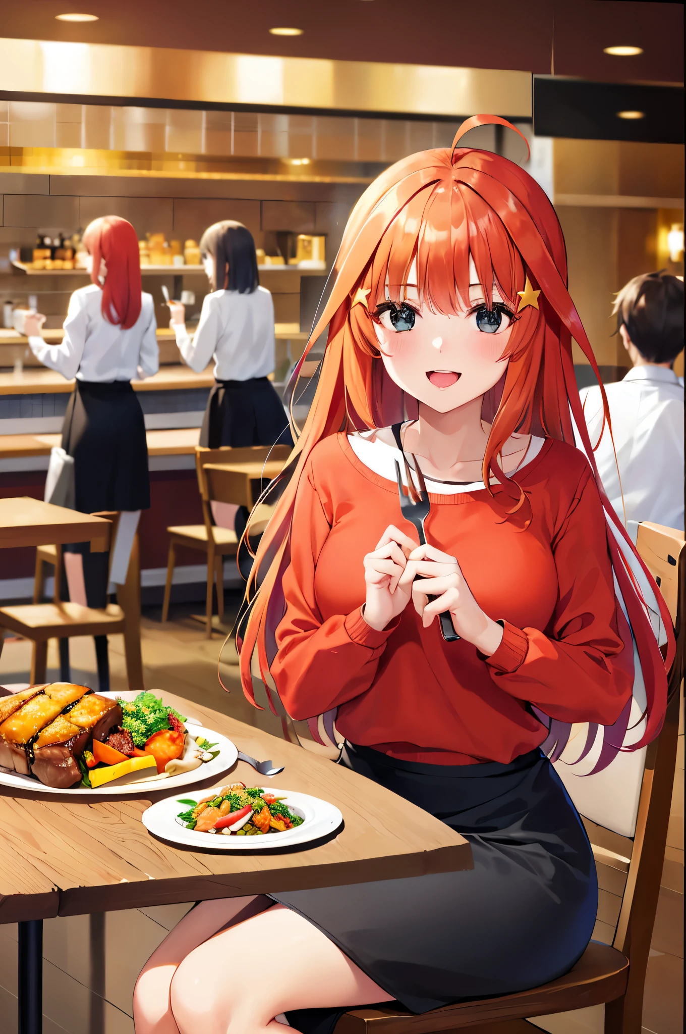 Satsuki Nakano, Itsuki Nakano, 2D, masterpiece, highest quality, and soul, very detailed, 1 girl, alone, face focus, Masaki Nakano, redhead, hair length, star hair ornament, Ahoge, school uniform, (red orange sweater:1.3), (black skirt:1.3), (long skirt:1.3), (hairpin:1.2), middle chest, Are standing, (Western Restaurant:1.2), Please sit down, sit on a chair, meal, Eat steak, Holding a knife and fork, smile, open your mouth