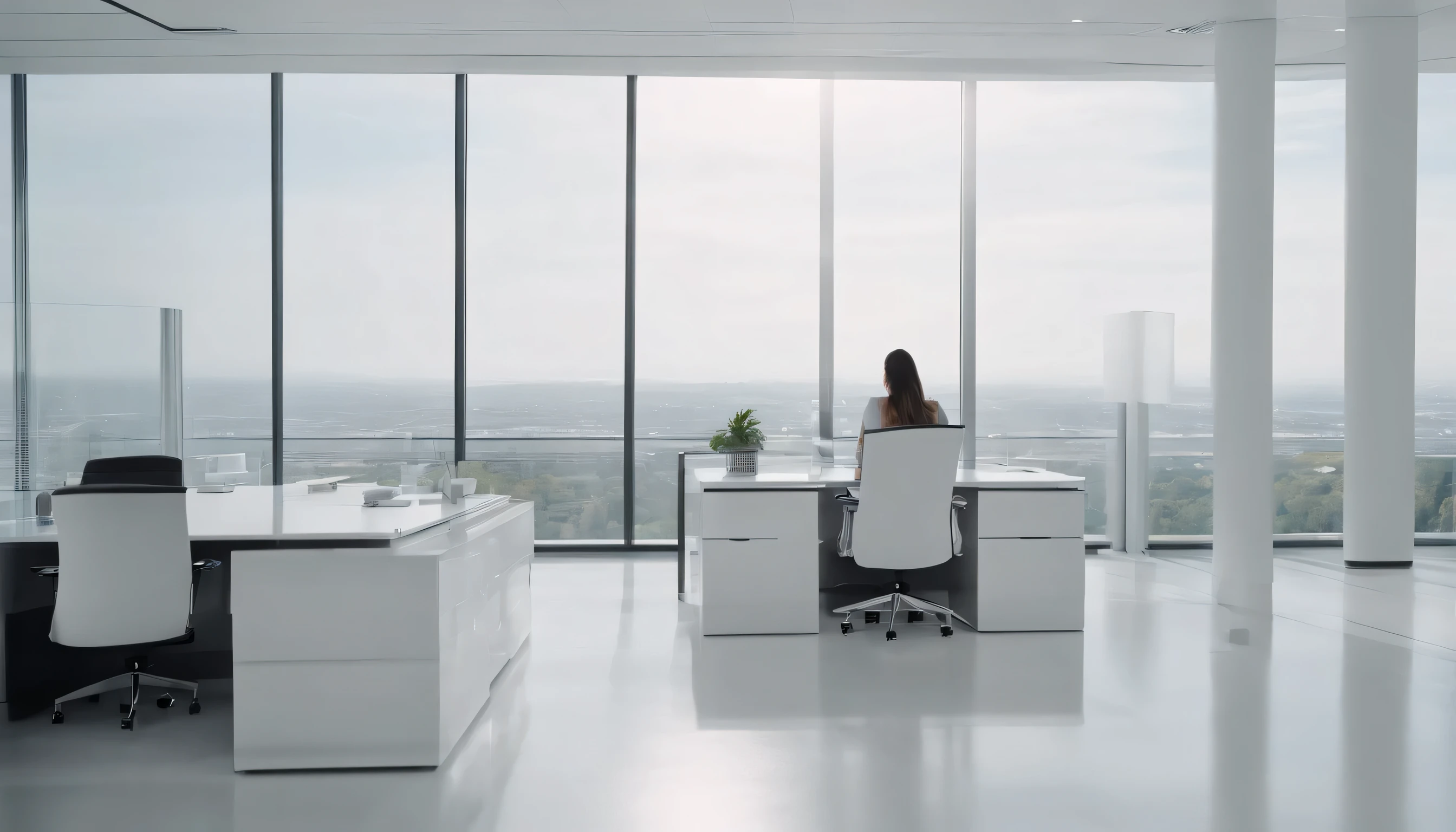 A caring person in an all-white office, parede de vidro, a building seen from above the office at the top of the building, attentive employee the employee in the foreground 4k, trabalho, escritóri