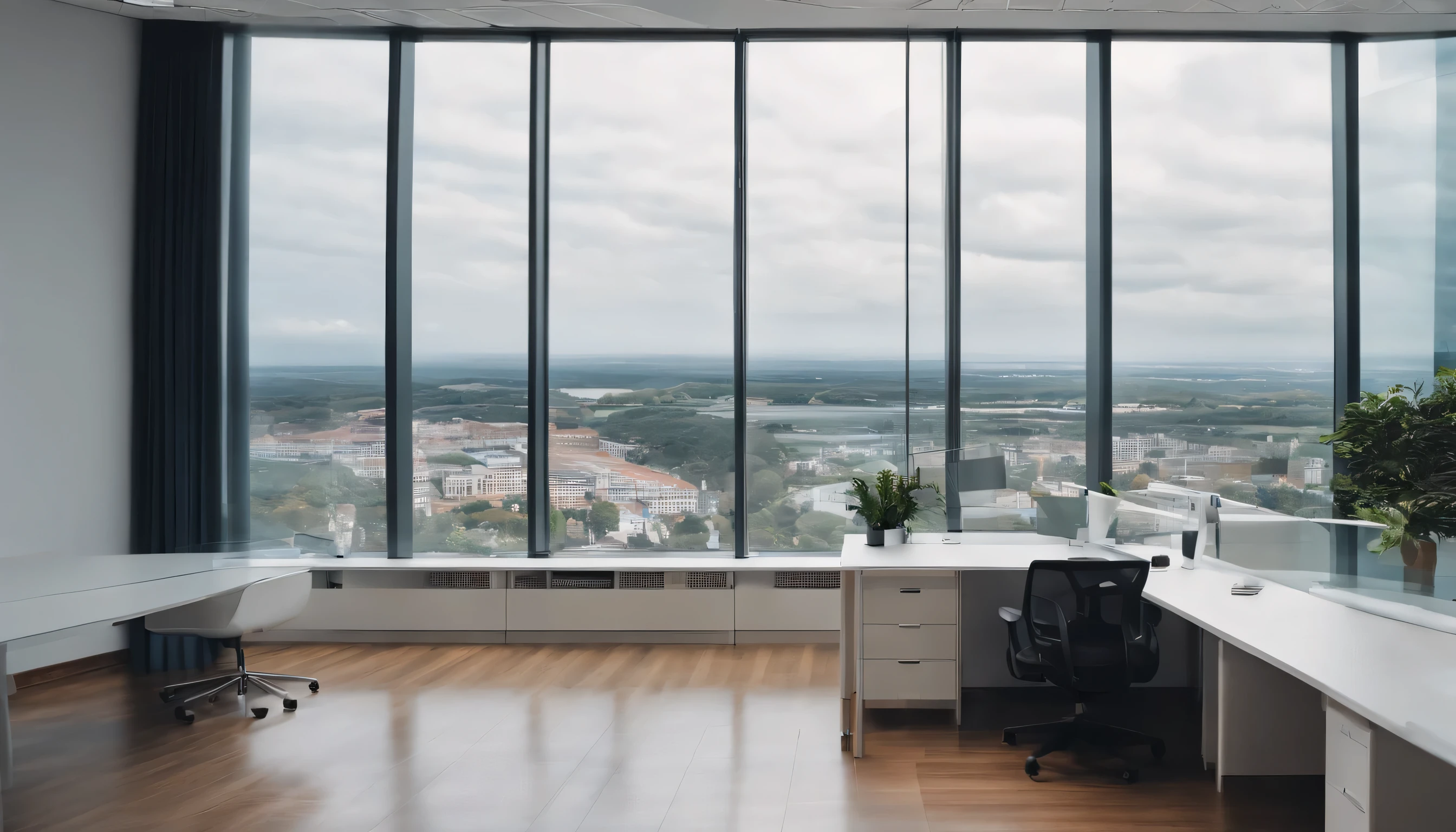 A caring person in an all-white office, parede de vidro, a building seen from above the office at the top of the building, attentive employee the employee in the foreground 4k, trabalho, escritóri
