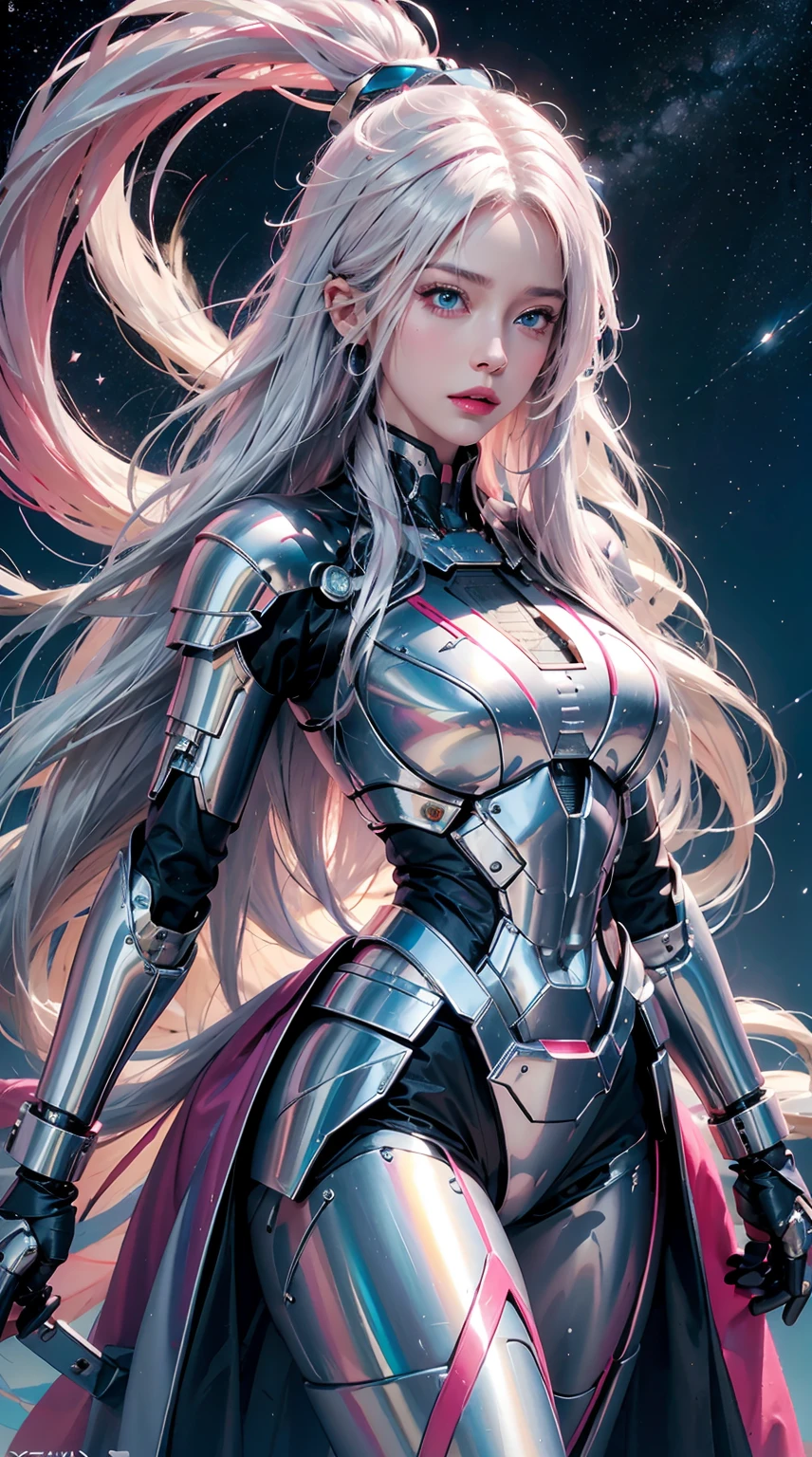 lifelike, high resolution, 4K,8K,super clear,1 female, shiny skin, alone, tattoo, jewelry, pink lips, long hair, white hair, blue eyes, Keep your mouth shut, Mecha Maiden,Mechanical Parts, joint,single mechanical arm, starry sky, Dizzy